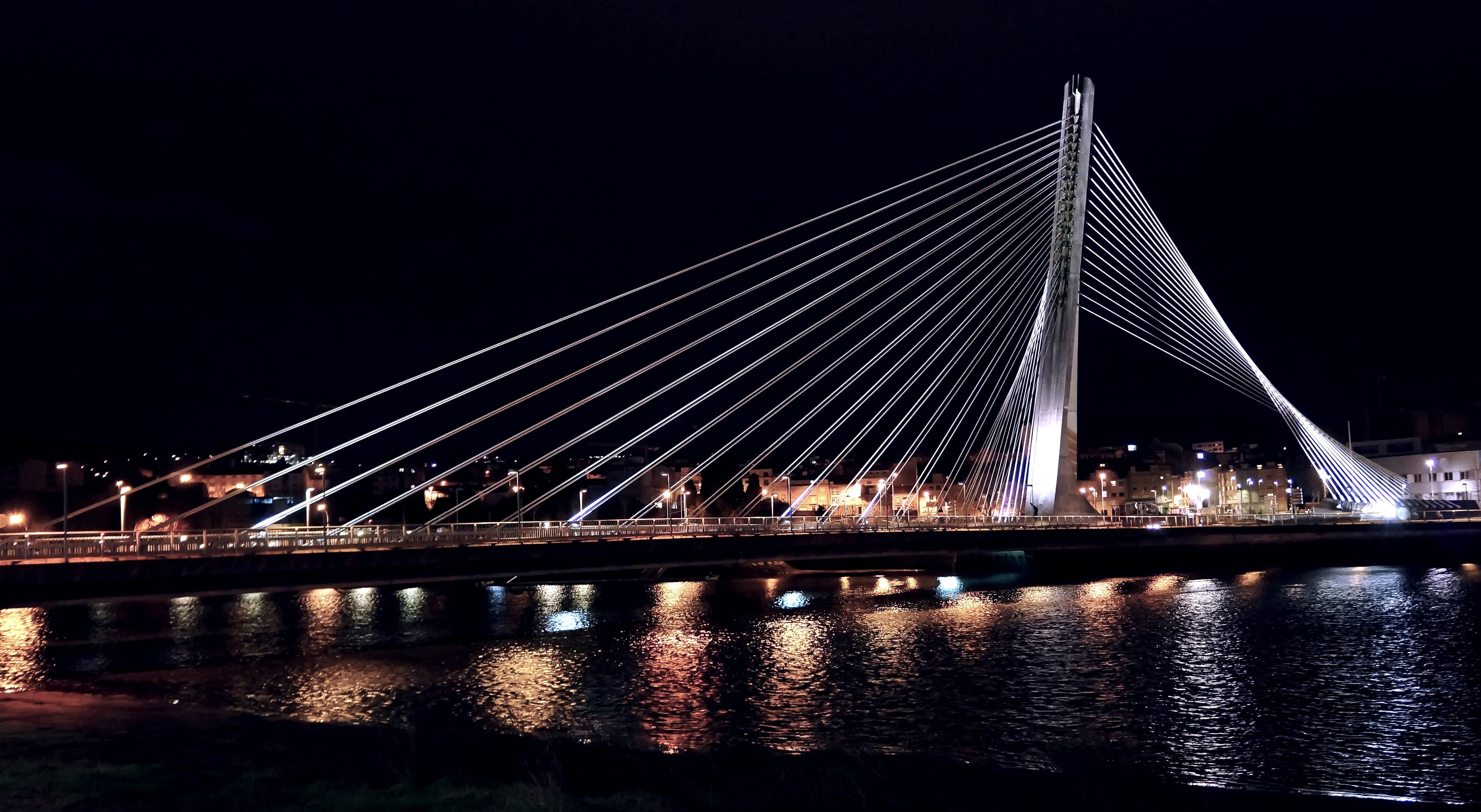 architecture, transportation, spain, travel destinations, 4K, cable, city, Water, reflection, Bridge, pontevedra, cable-stayed bridge, Night, holiday, HD Wallpaper