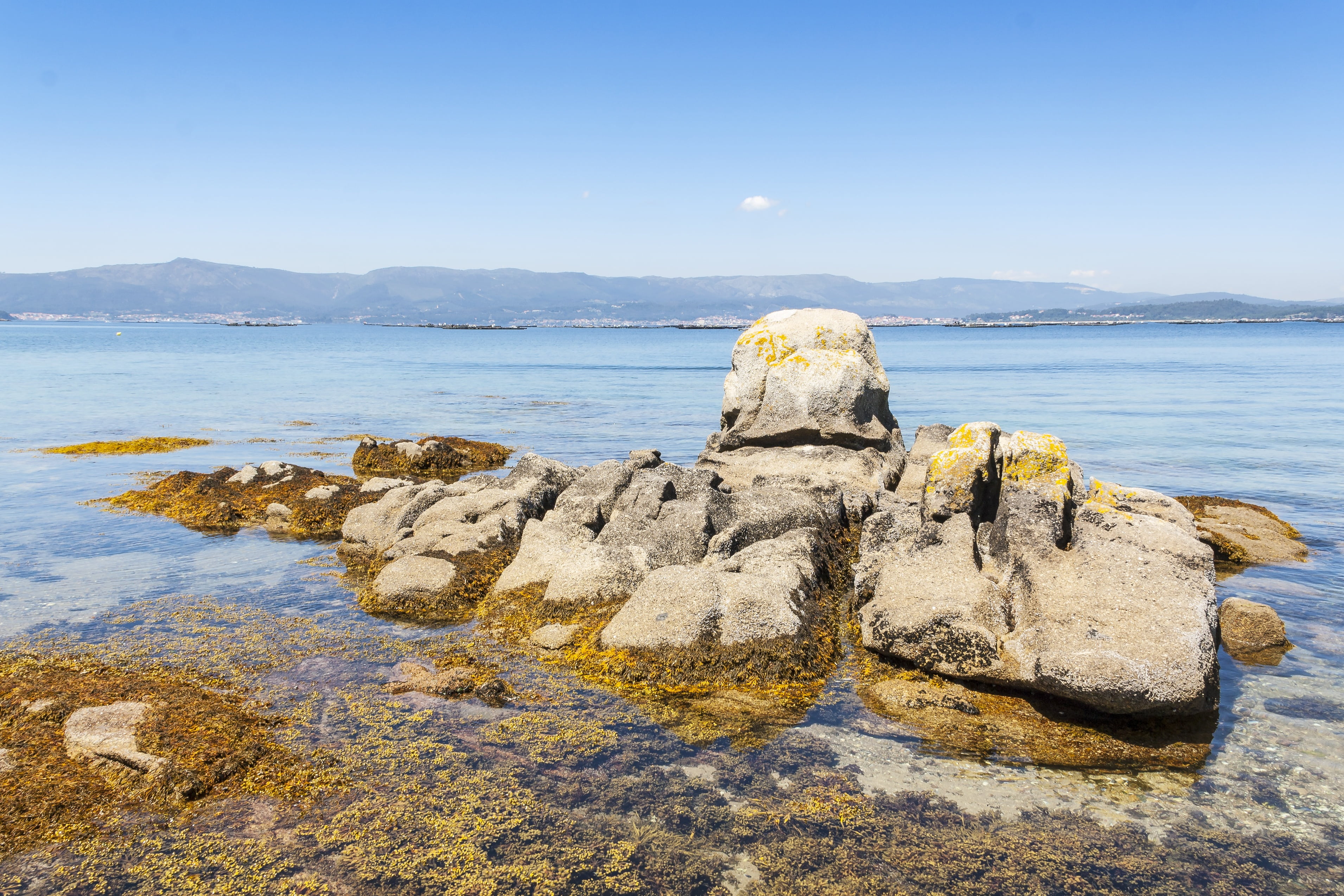 rock, stone, blue, rocks, tourism, shore, rock - object, tranquil scene, beach, geology, nature, no people, pontevedra, bay, sea, water, clear sky, landscape, HD Wallpaper