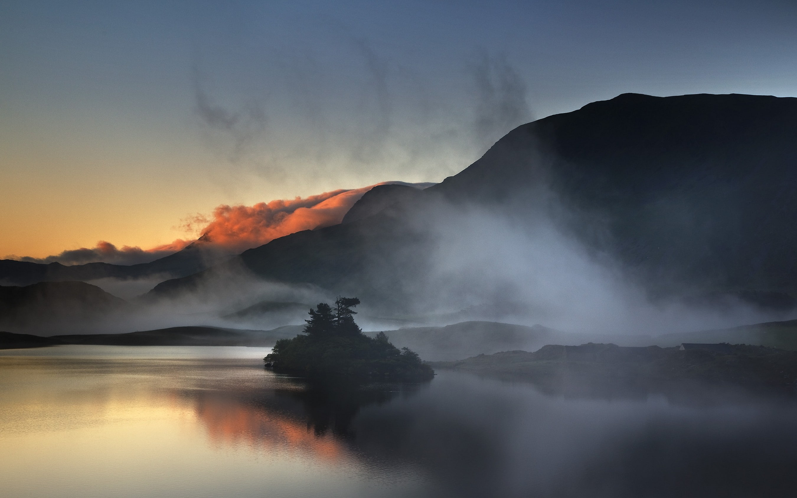 mist, landscape, lake, mountains, island, calm, 2K, nature, HD Wallpaper