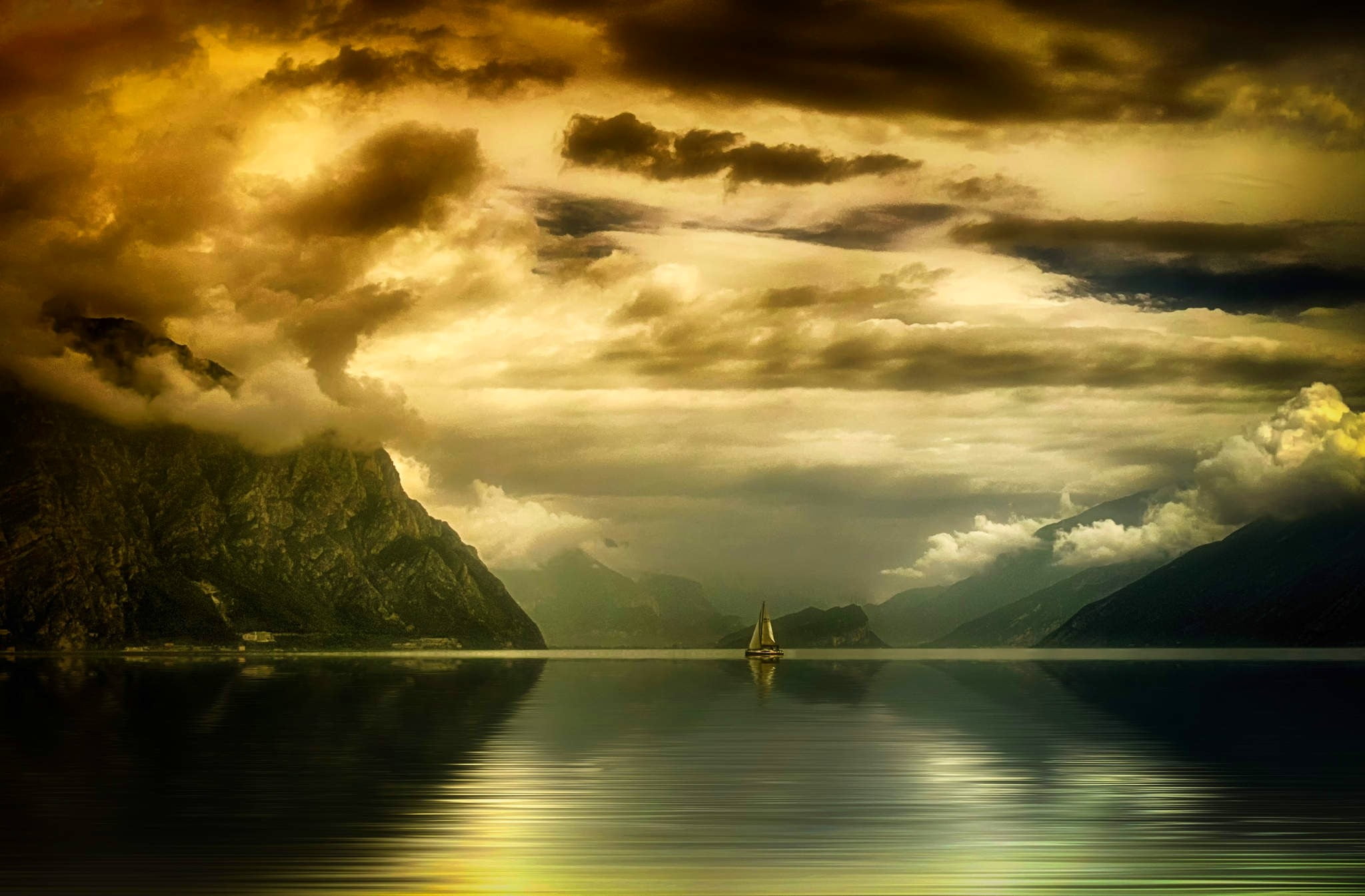 waterfront, clouds, scenics - nature, mountain, storm, overcast, tranquility, photography, water, beauty in nature, digital, nature, reflection, HD Wallpaper