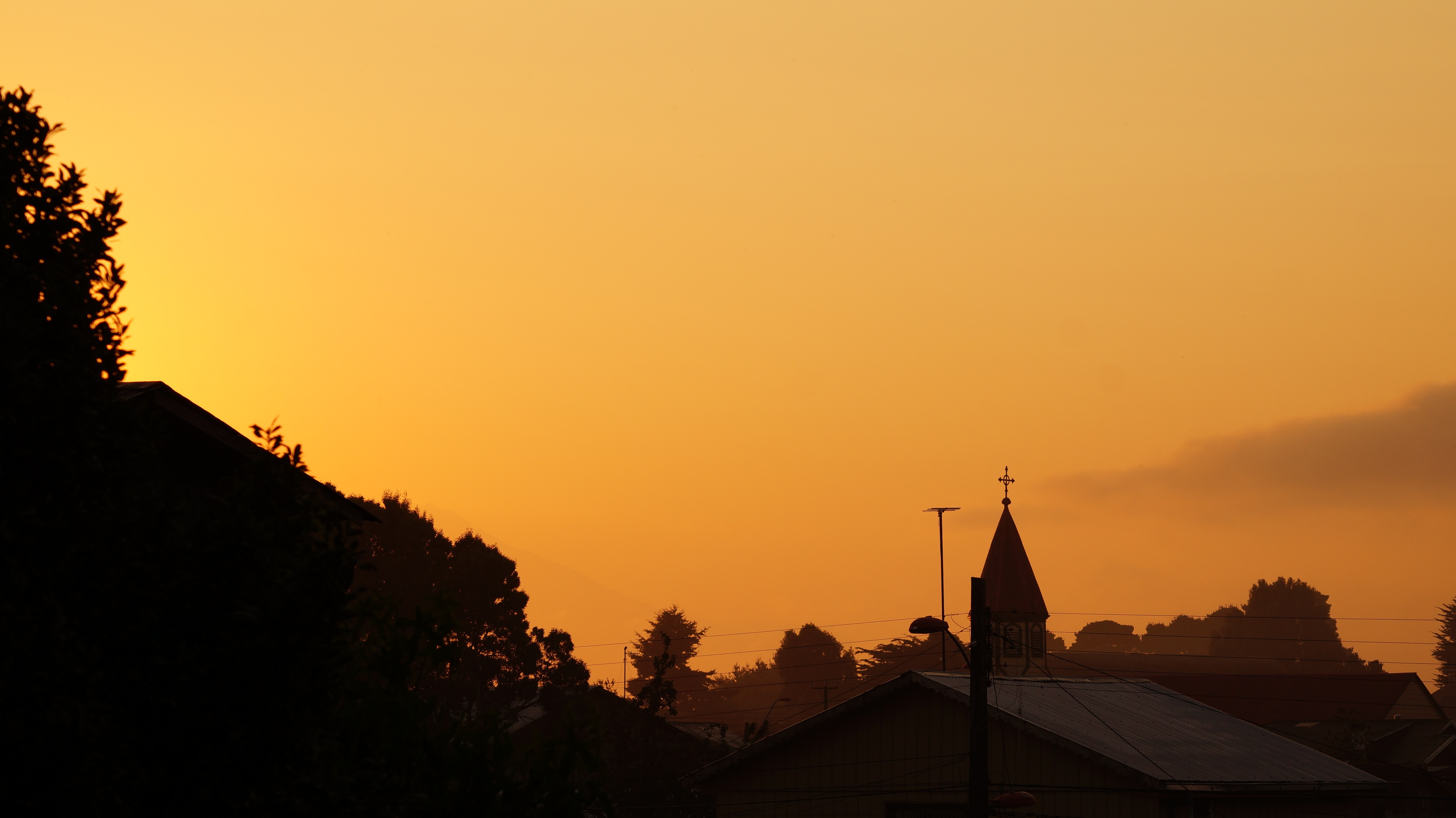 travel destinations, spire, orange color, chile, building exterior, llanquihue, tree, sky, 5K, architecture, sunset, silhouette, nature, no people, church, HD Wallpaper