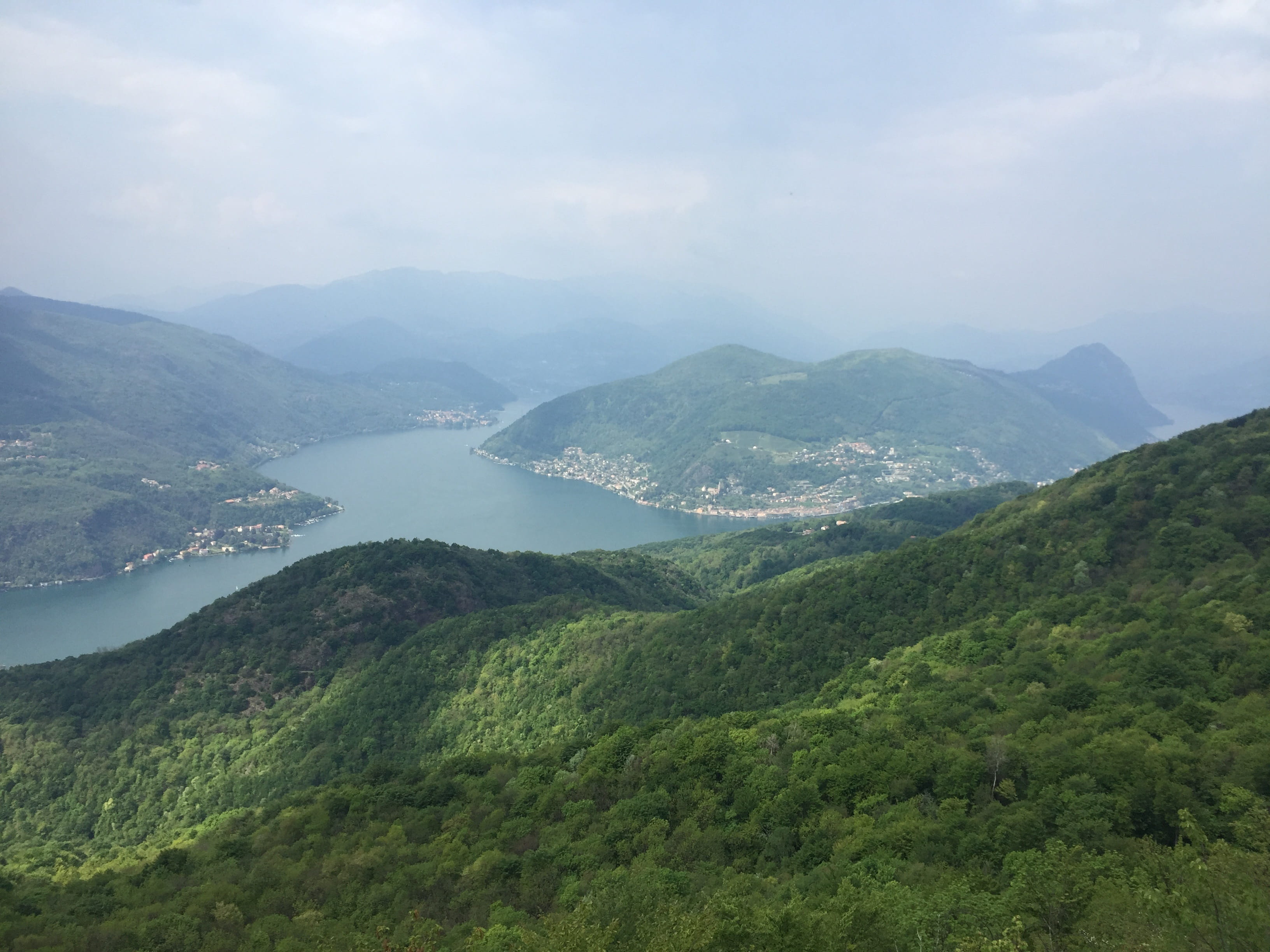 lake, green, varese, tranquil scene, tree, 2K, no people, cloud - sky, Lake, fog, Nature, environment, land, sky, plant, Mountain, tranquility, Landscape, HD Wallpaper