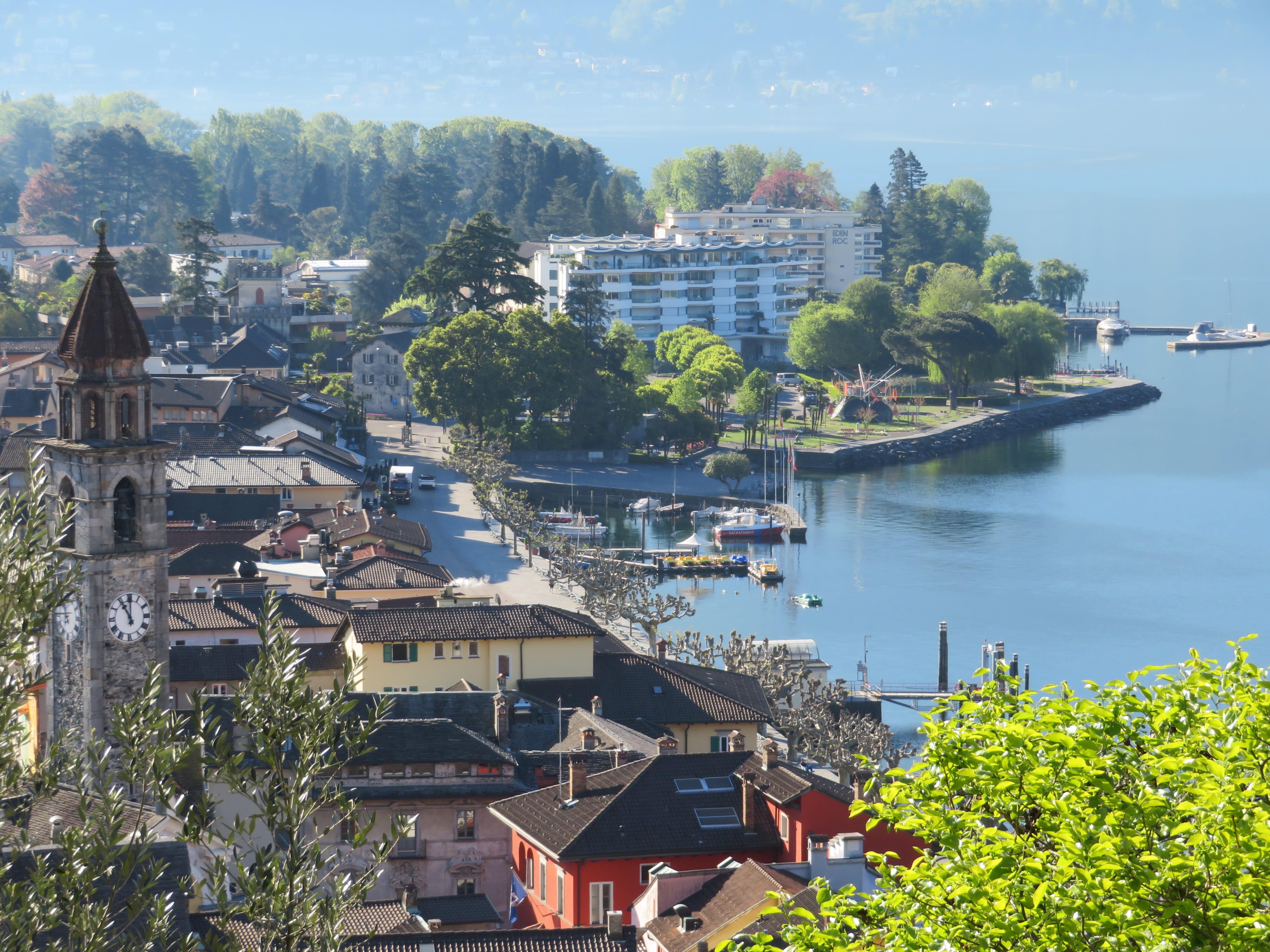 5K, cityscape, transportation, switzerland, no people, architecture, city, building, plant, sea, water, ascona, sky, sunlight, residential district, tree, HD Wallpaper