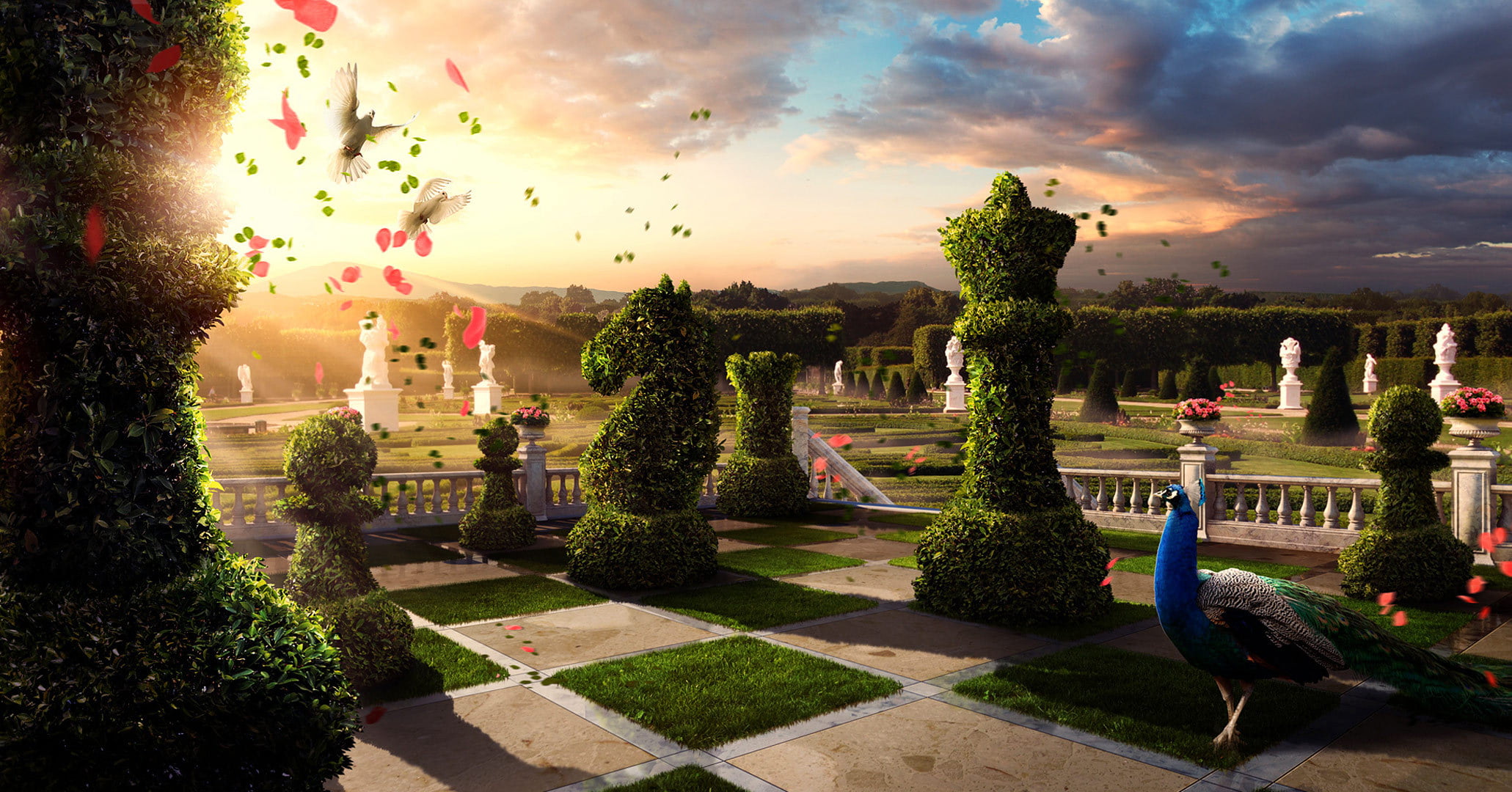 plants, birds, sculpture, architectural column, bird, cityscape, tourism, statue, park, peacock, park - Man Made Space, the sun, outdoors, unusual, water, HD Wallpaper