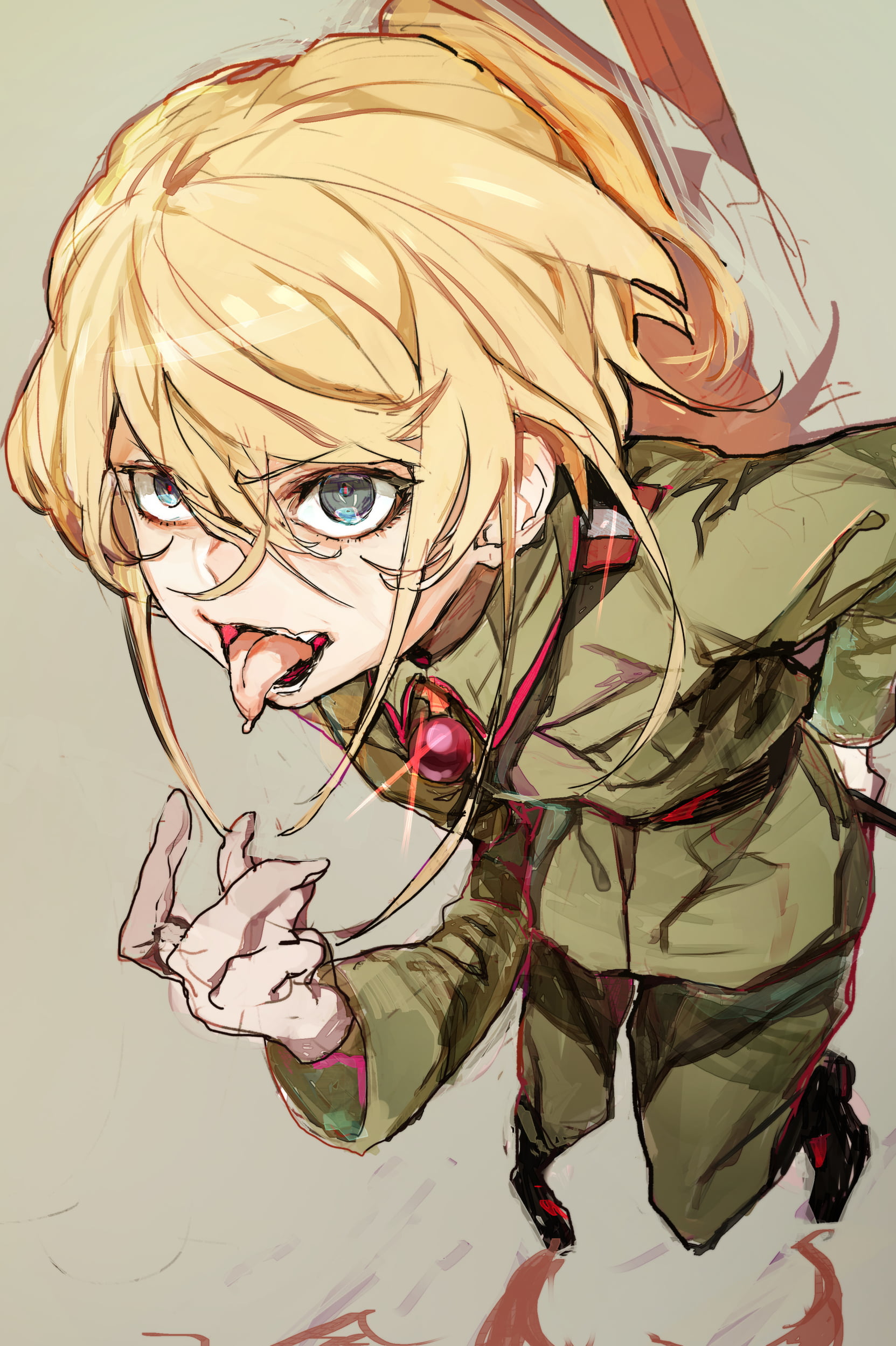 blue eyes, fan art, ponytail, long hair, blond hair, tongue out, 1080P, loli, digital art, Youjo Senki, simple background, Tanya Degurechaff, anime girls, Phone HD Wallpaper