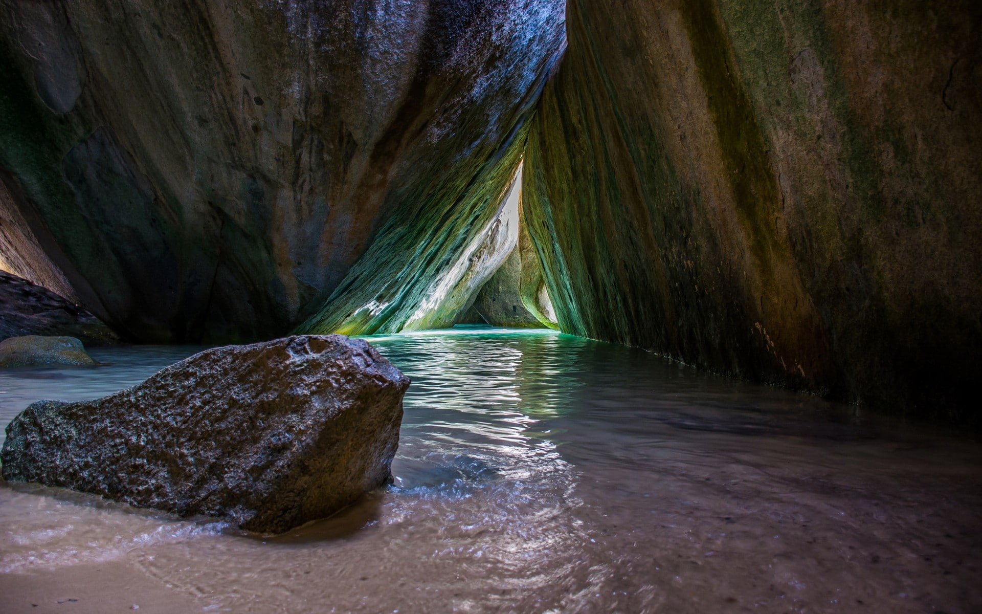 British Virgin Islands, cave, nature, beach, 1080P, hidden, rock, sand, sea, landscape, water, HD Wallpaper