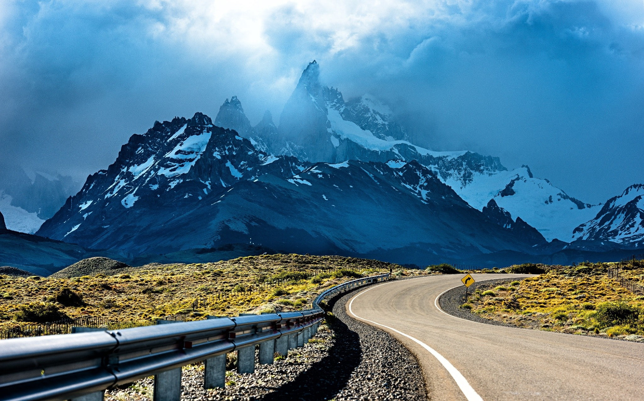 Patagonia, non-urban scene, cold temperature, scenics - nature, shrubs, sky, tranquil scene, cloud - sky, snow, road, winter, mountains, environment, snowcapped mountain, HD Wallpaper