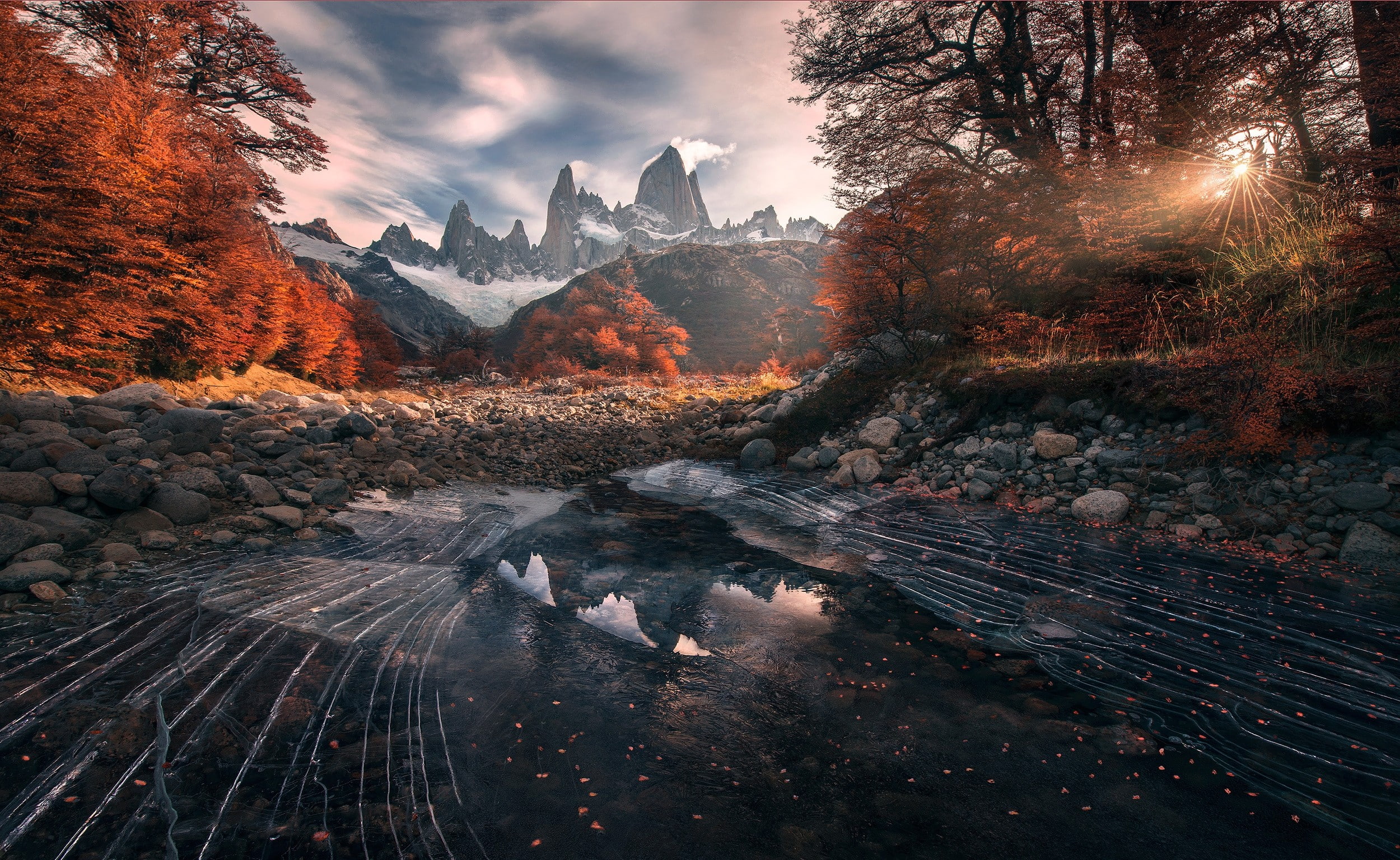 pond, reflection, trees, Patagonia, landscape, Argentina, nature, fall, photography, sunlight, snow, sunrise, shrubs, clouds, 1080P, morning, mountains, HD Wallpaper