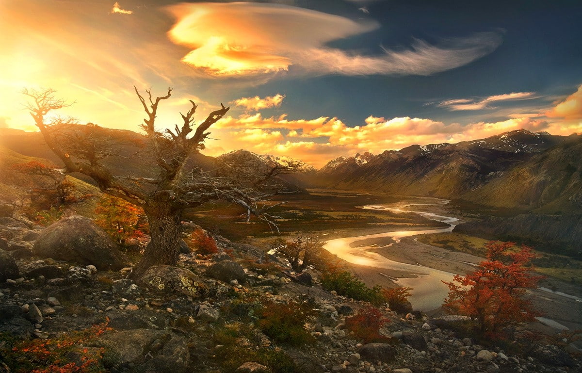 mountains, sunlight, 480P, sunset, river, clouds, Patagonia, shrubs, landscape, Argentina, valley, sky, nature, trees, HD Wallpaper