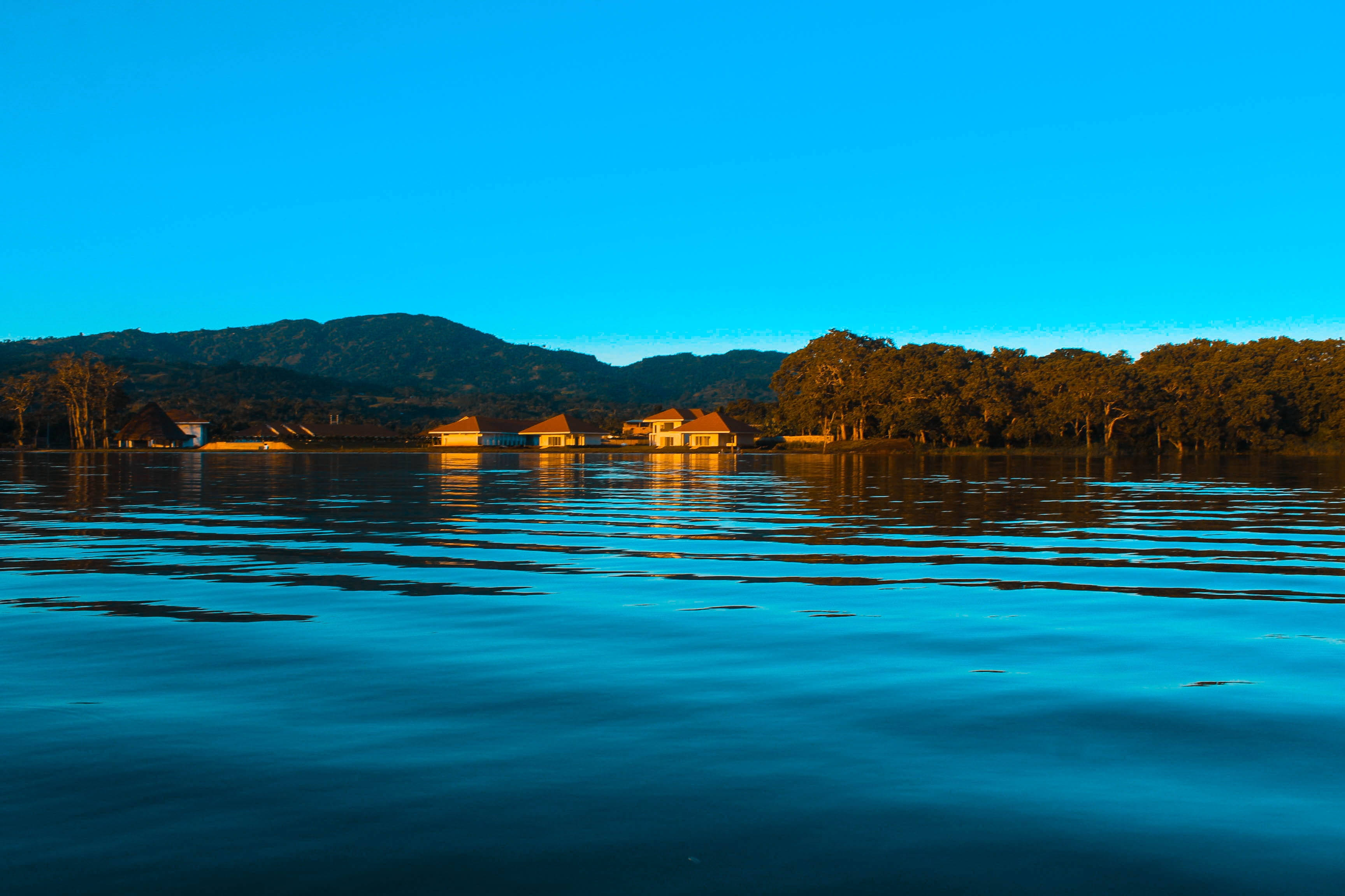 beauty in nature, clear sky, lake, tarapoto, water, land, outdoors, sky, swimming pool, lagoon, laguna, blue, mountain, travel, nature, 2K, travel destinations, HD Wallpaper