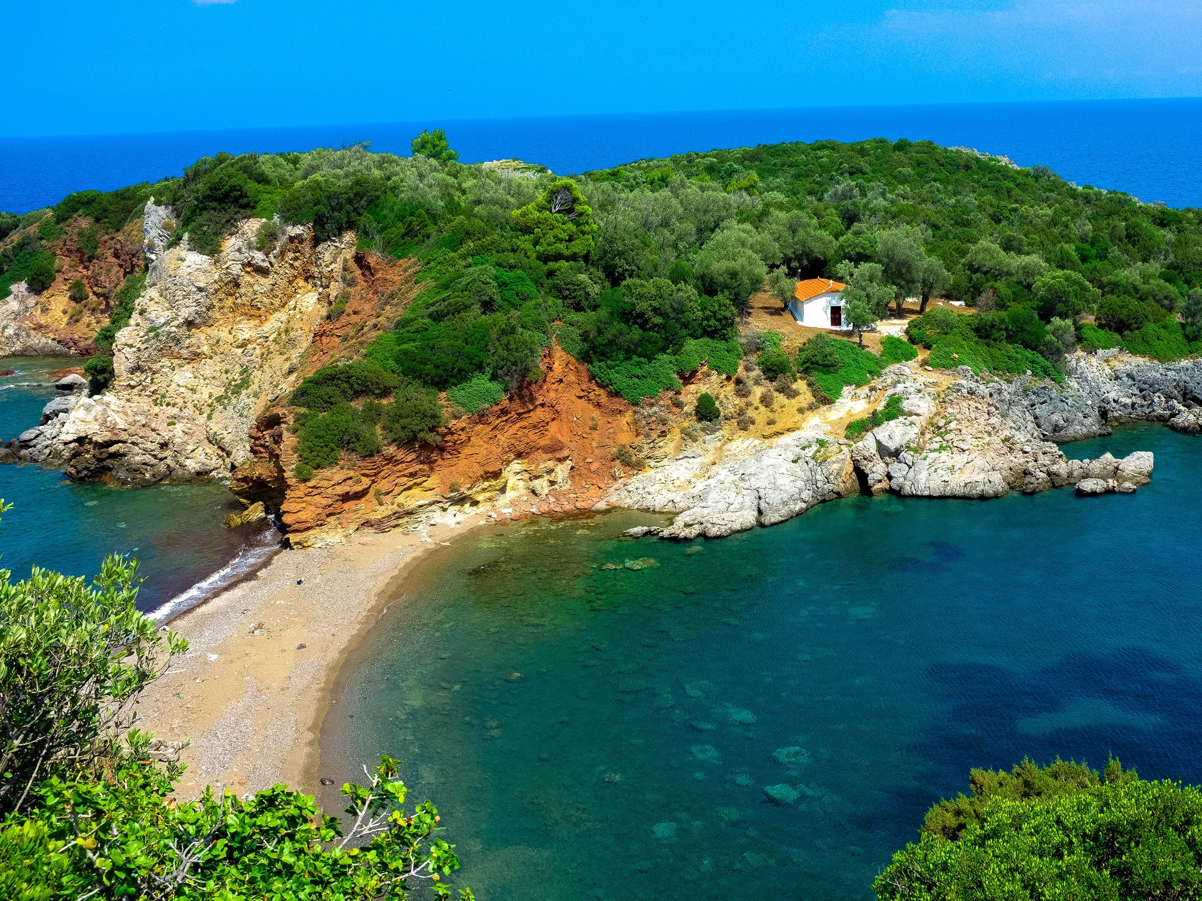 house, coast, 1080P, Greece, sea, Agia Anna, stones, Naxos, Laguna, trees, HD Wallpaper