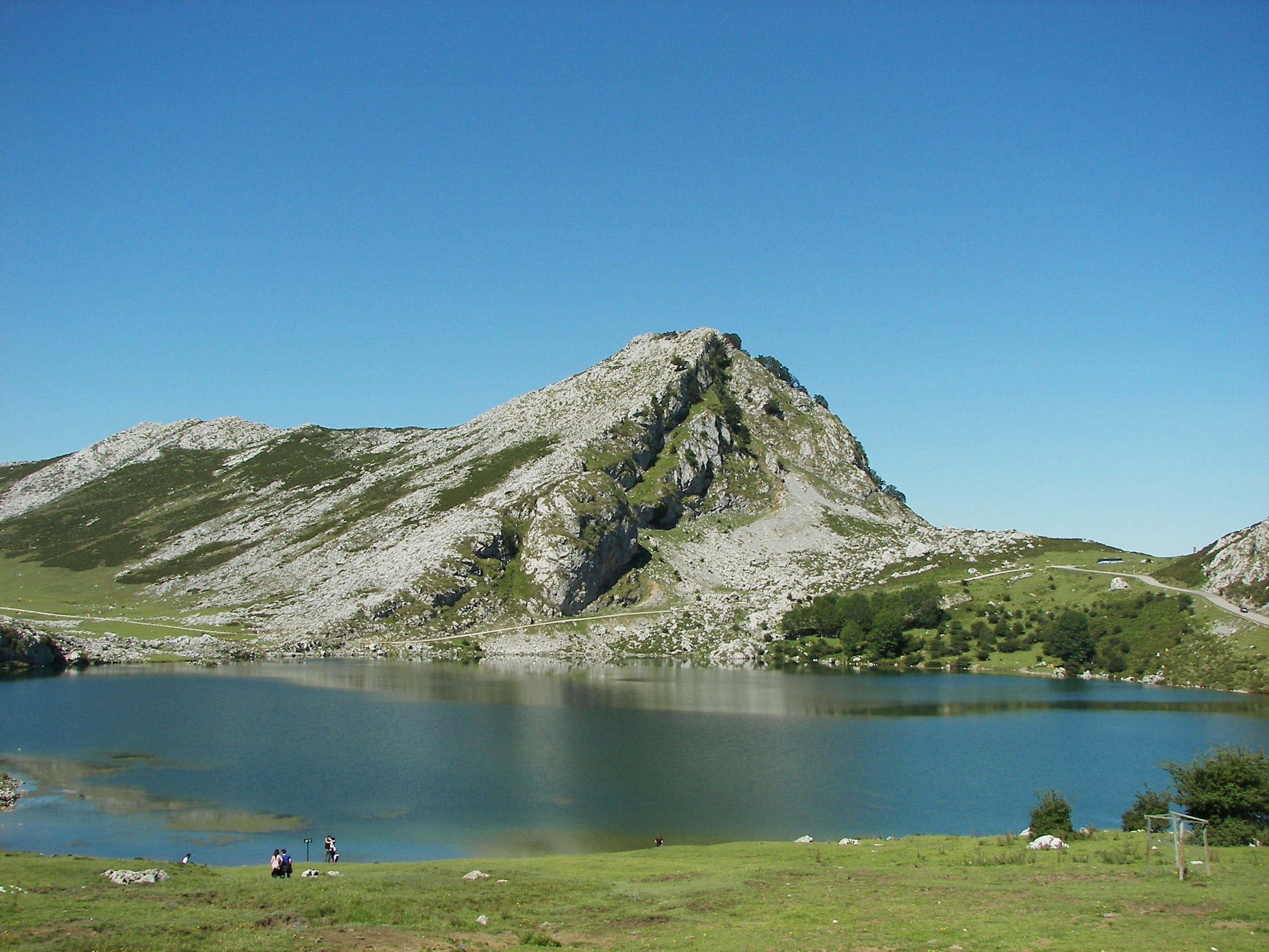 reflection, no people, sunny, day, outdoors, clear sky, clouds, mountain, environment, grass, copy space, lake, scenics - nature, landscape, covadonga, HD Wallpaper
