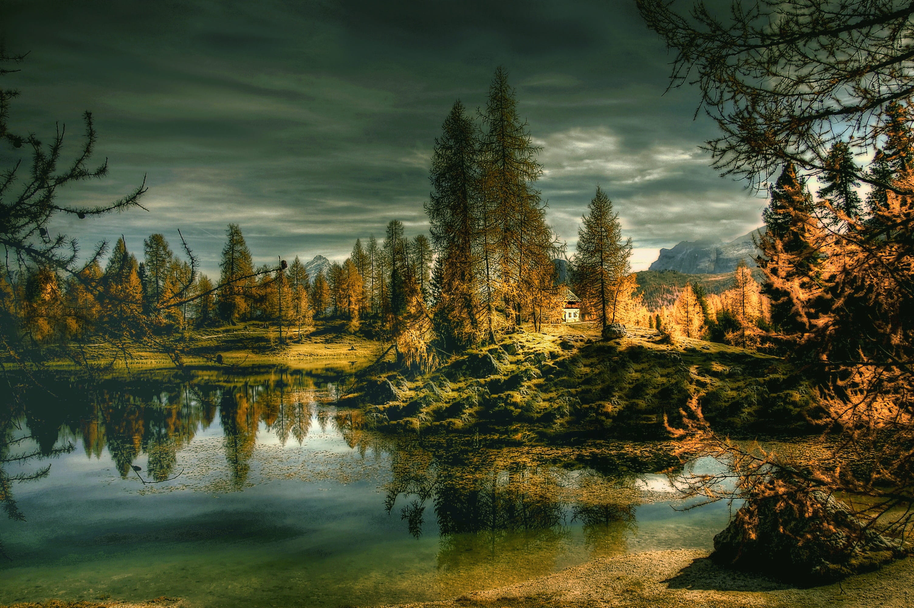 bergsee, rest, tree, nature, non-urban scene, belluno, hike, water, reflection, sky, mountains, 2K, plant, romance, italy, autumn, change, forest, scenics - nature, HD Wallpaper