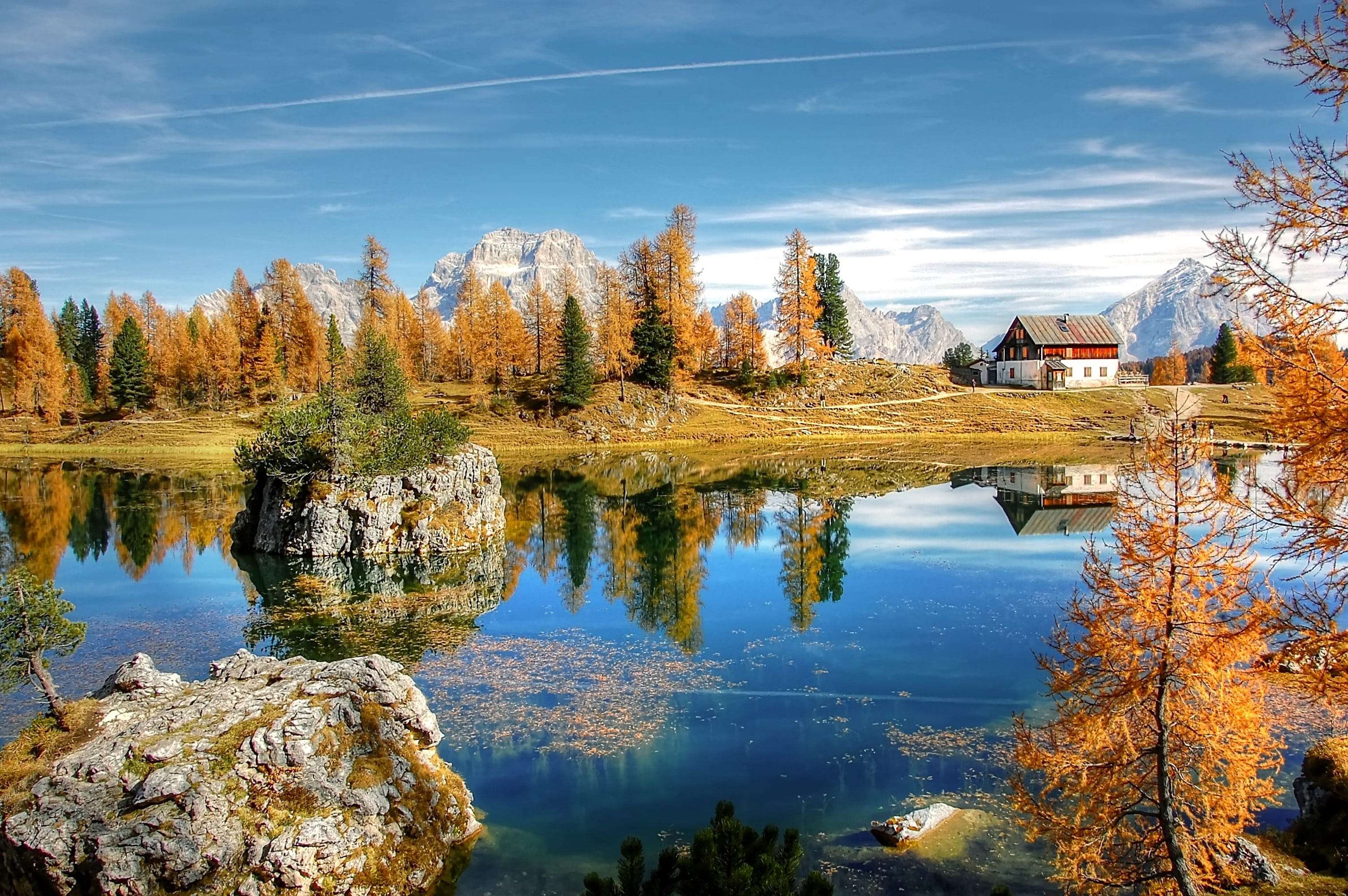 building, alm, dolomites, panorama, building exterior, outdoors, unesco world heritage, rock, alpine, reflection, change, italy, built structure, tranquility, HD Wallpaper