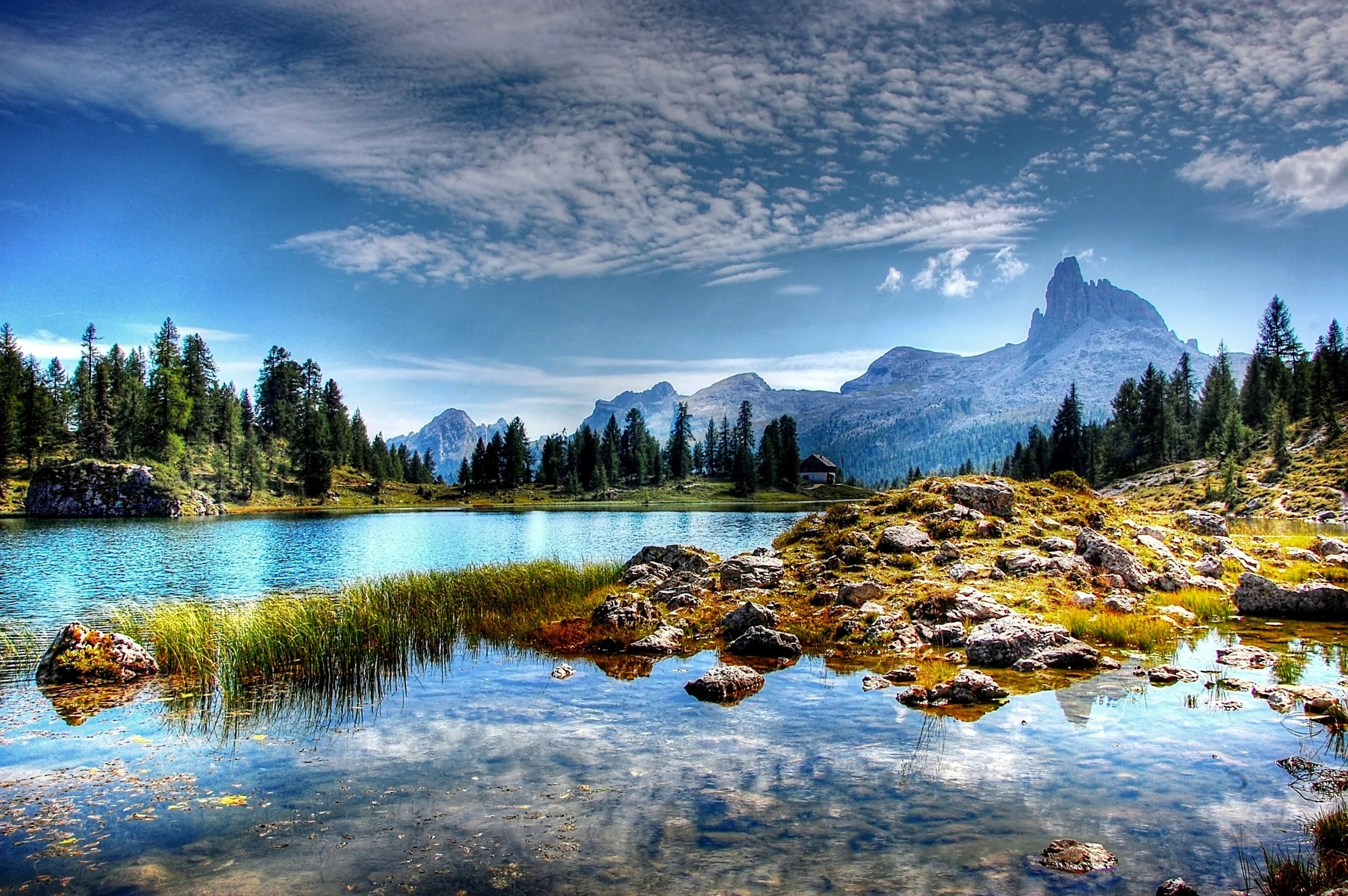 near, body, lago federa, reflection, light, rock, tree, pine tree, environment, mountain peak, mountain range, view, tranquil scene, alm, hiking, sky, scenics, HD Wallpaper