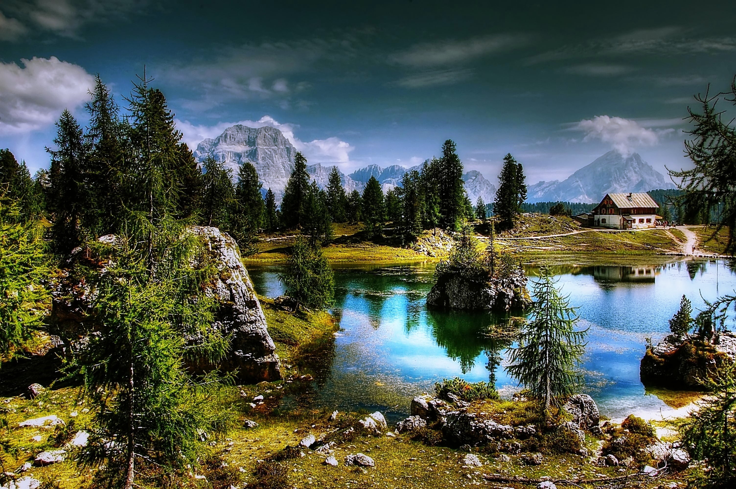 tranquil scene, no people, cloud - sky, green color, beauty in nature, dolomites, outdoors, lago federa, water, scenics - nature, 2K, near, growth, landscape, HD Wallpaper