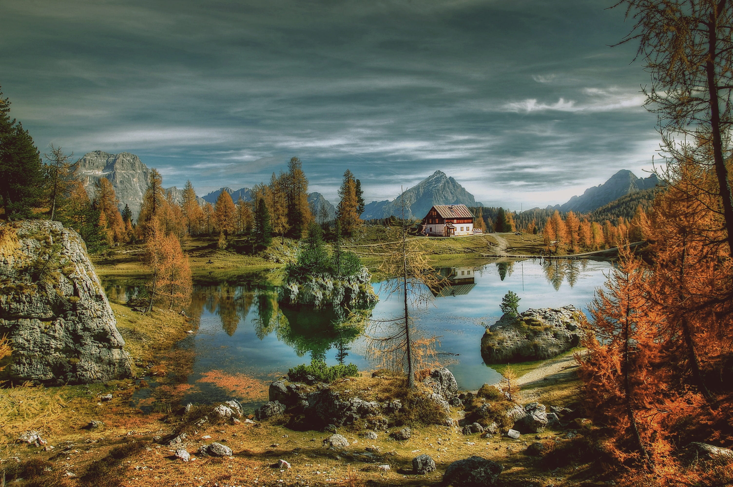 bergsee, hiking, clouds, 2K, tranquil scene, lake, alm, day, no people, twilight, architecture, land, tranquility, outdoors, scenics - nature, rest, dolomites, HD Wallpaper