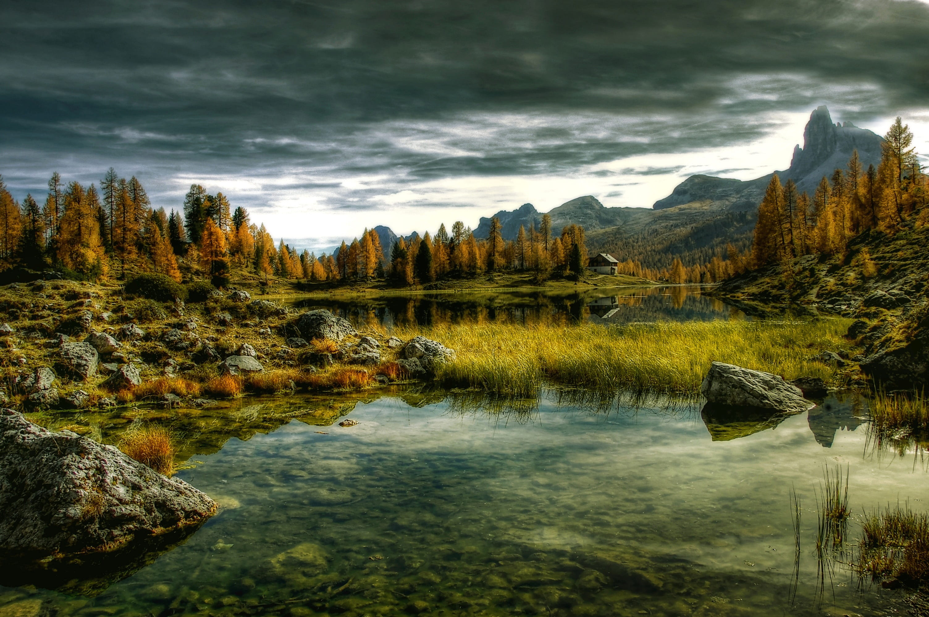 beauty in nature, mountain landscape, nature paradise, mountain world, solid, non-urban scene, dolomites, scenics - nature, mountains, lago federa, reflection, HD Wallpaper