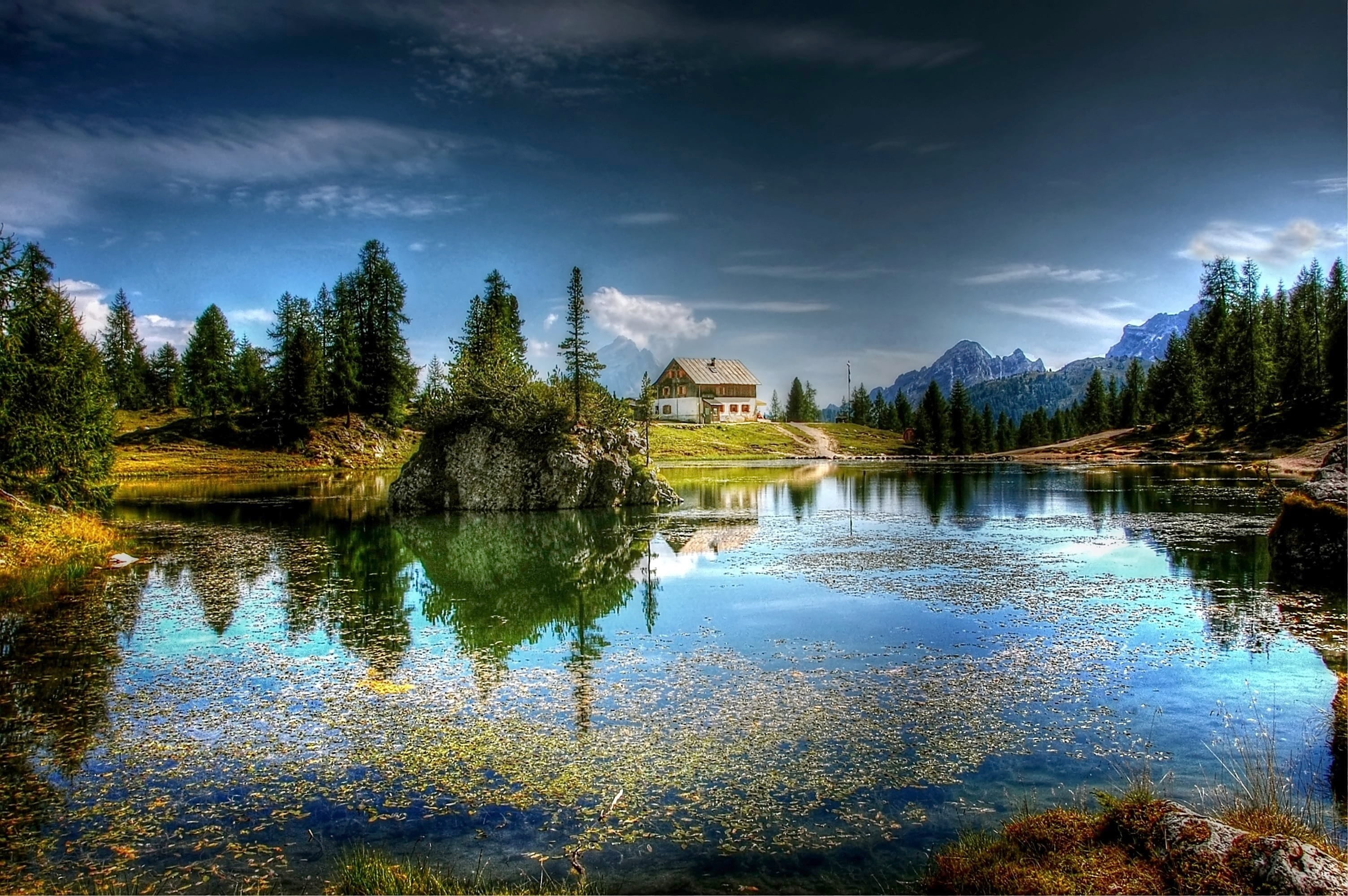 mountain, plant, scenics, italy, scenery, alpine, view, architecture, mountain landscape, lago federa, water, beauty in nature, tranquility, blue, forest, HD Wallpaper