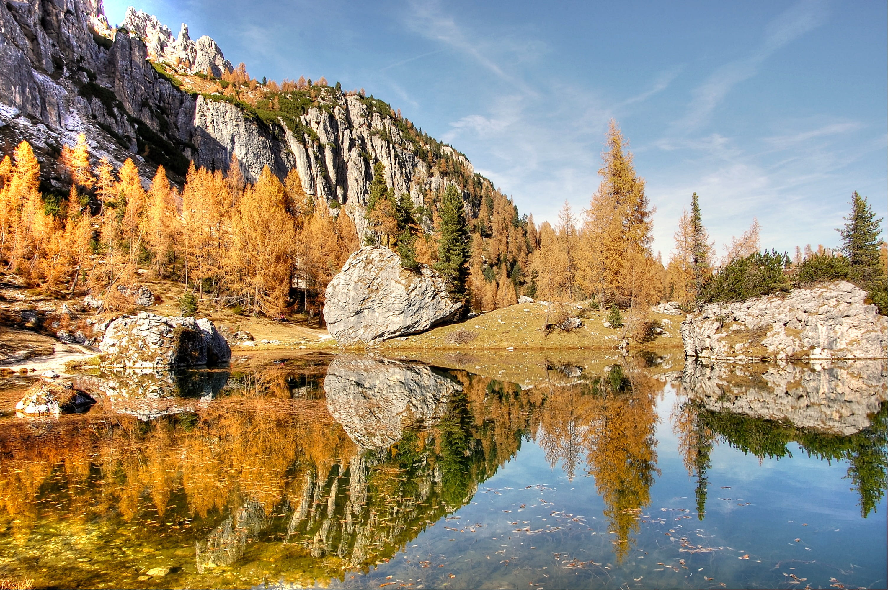 formation, beauty in nature, day, alpine, lake, landscape, no people, belluno, reflection, rock, idyllic, 2K, tranquility, view, water, scenics - nature, HD Wallpaper