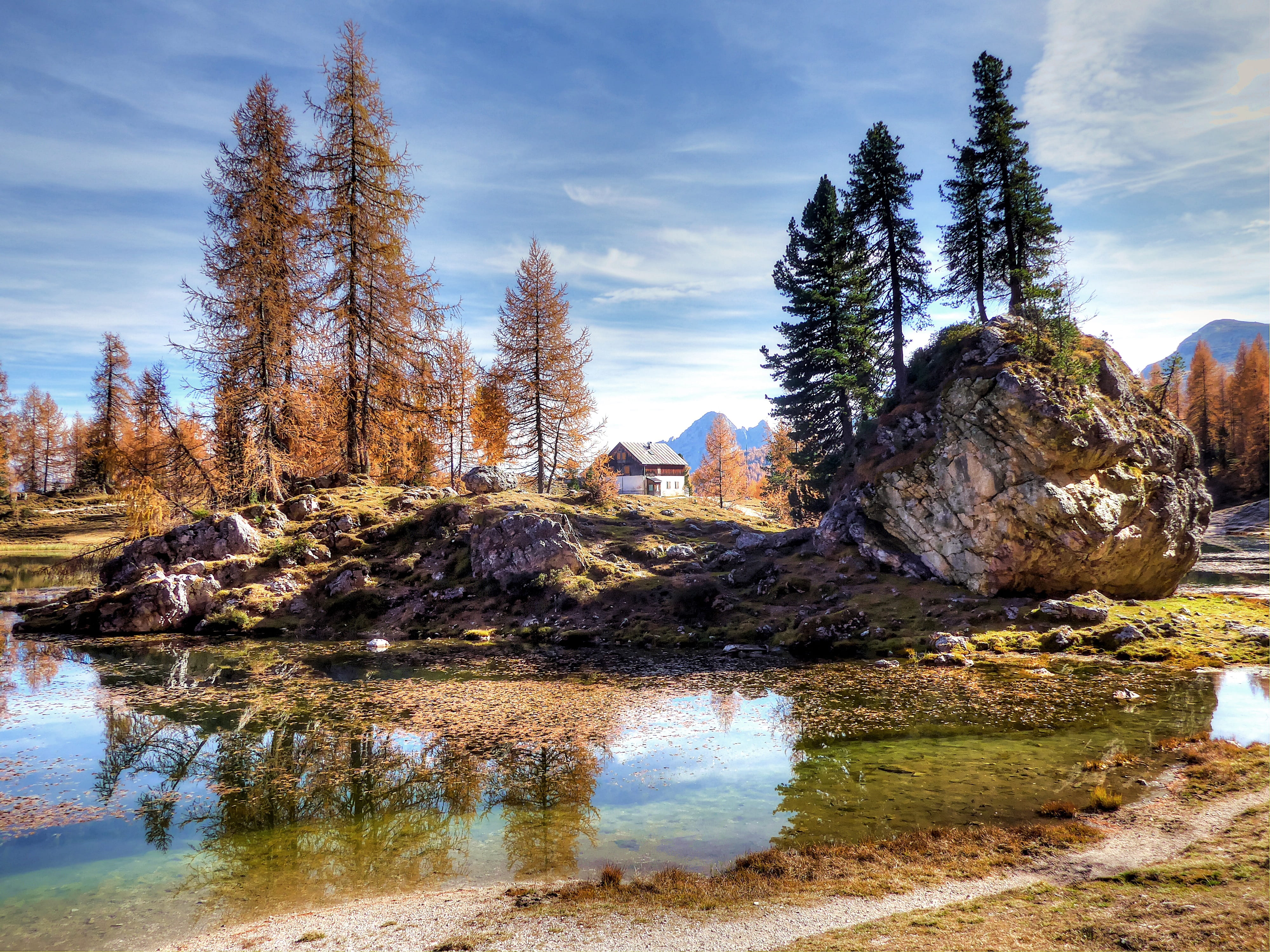 reflection, 4K, plant, day, outdoors, italy, view, sky, scenics - nature, clouds, summer, no people, belluno, alpine panorama, tree, land, water, mountains, HD Wallpaper