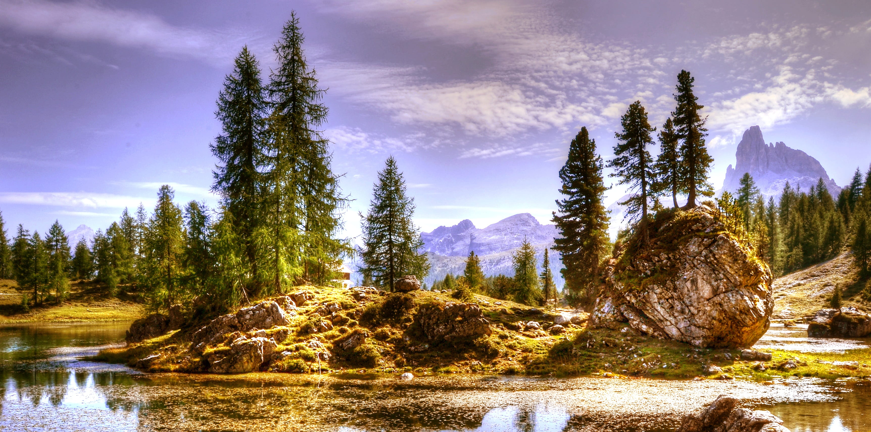 reflection, summer, forest, plant, cloud - sky, italy, land, hiking, view, landscape, 2K, dolomites, mountain landscape, clouds, rock, tree, alm, outdoors, HD Wallpaper