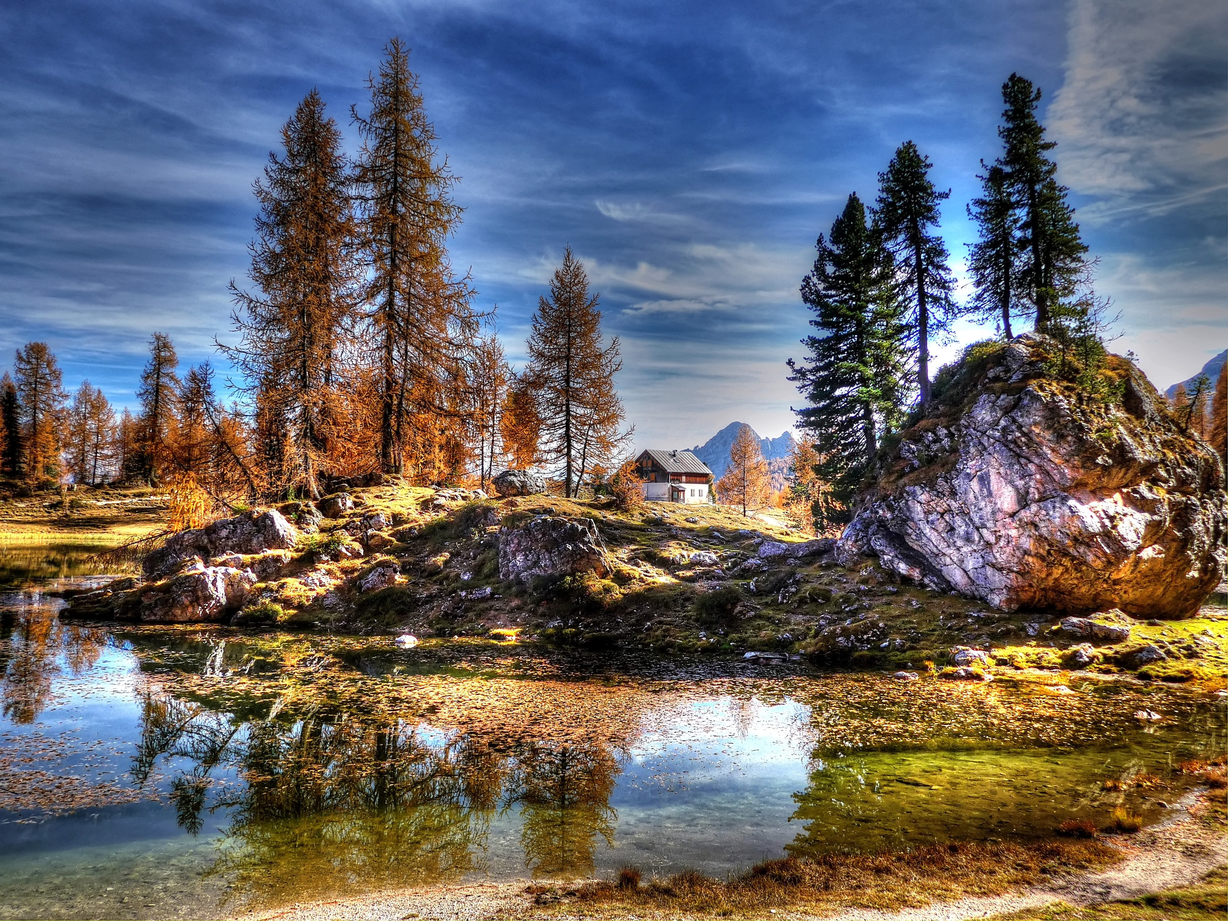 karg, architecture, hiking, no people, tress, high mountains, reflection, land, scenics - nature, 4K, alpine panorama, tranquility, dolomites, rock, lago federa, HD Wallpaper