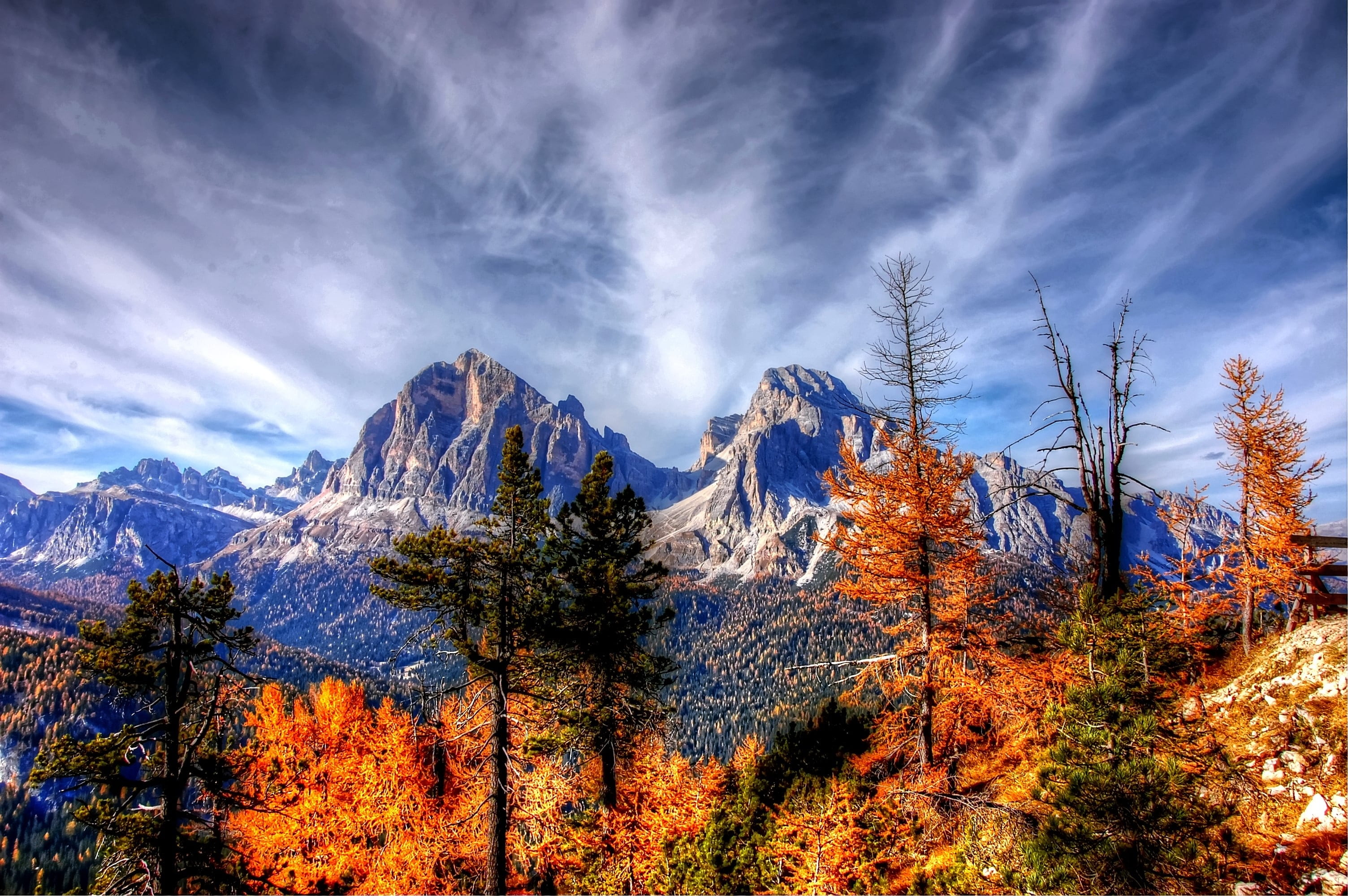 cloud - sky, outdoors, plant, beauty in nature, panorama, no people, environment, high mountains, woodland, forest, clouds, tree, tranquility, autumn, lago federa, HD Wallpaper