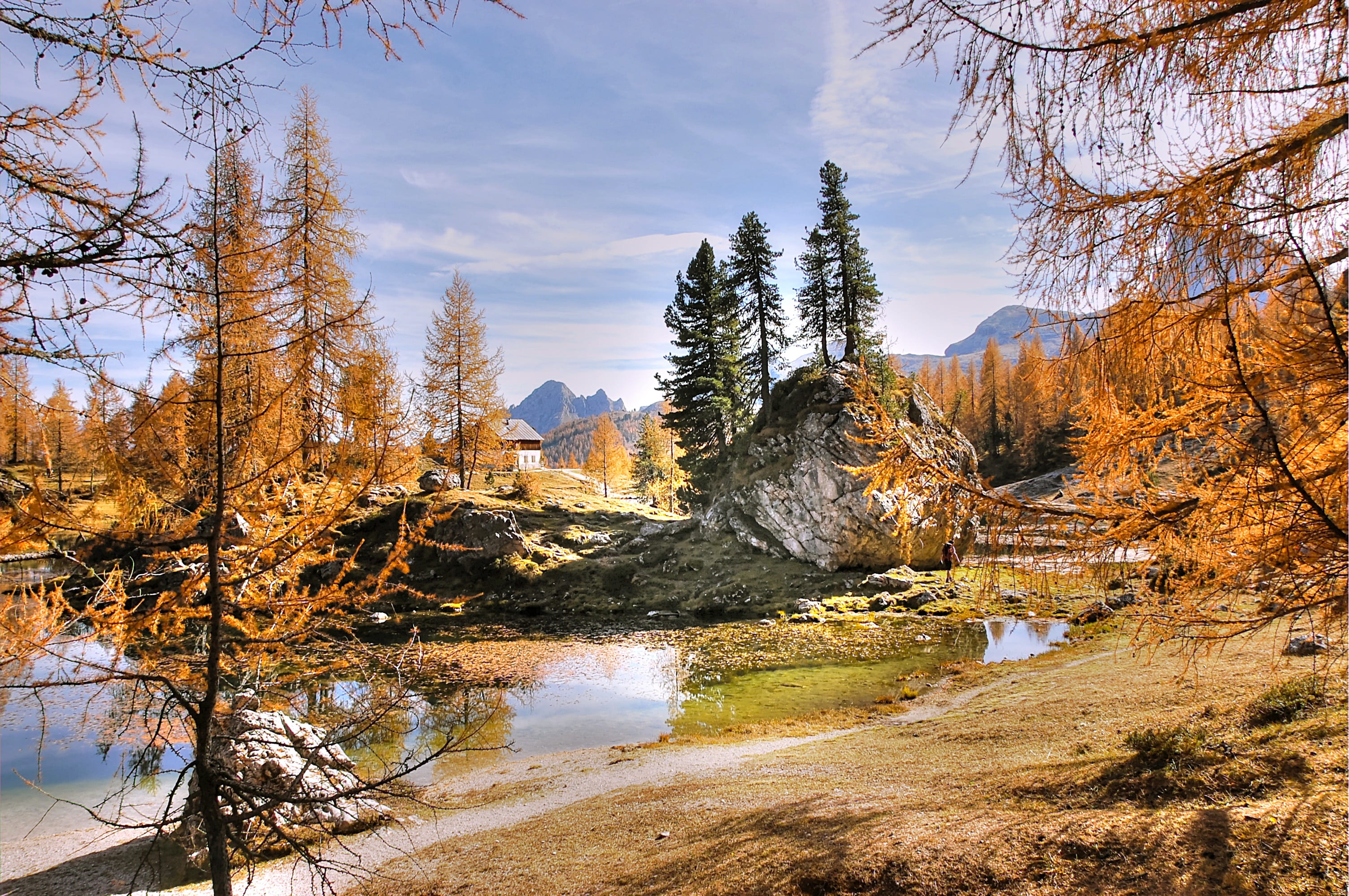 orange, summer, karg, belluno, leafed, sky, landscape, beauty in nature, near, coniferous tree, river, pine woodland, italy, tranquility, rock, autumn, HD Wallpaper