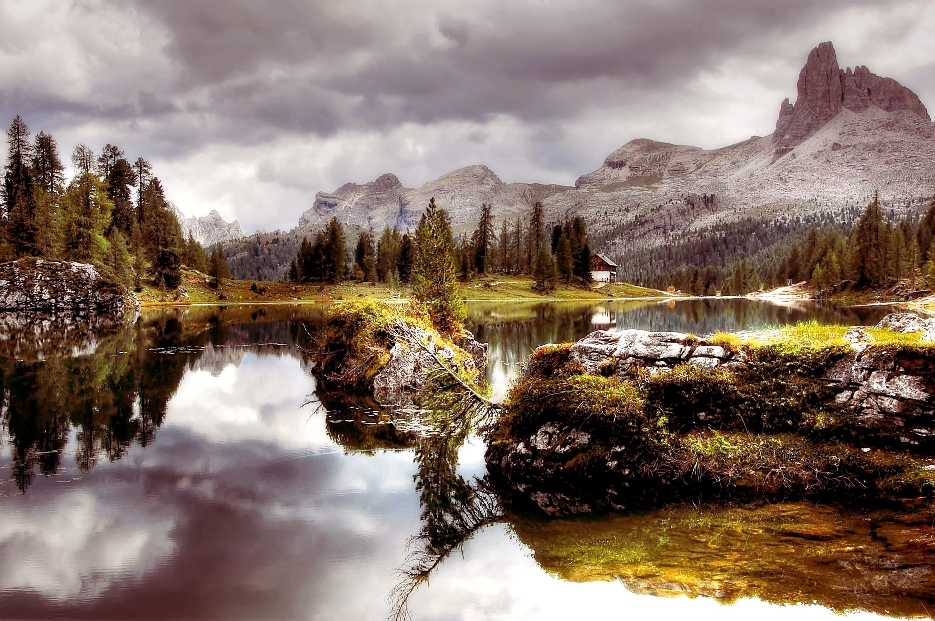 panorama, karg, dolomites, non-urban scene, waterfront, reflection, tranquility, 2K, rubble field, hiking, water, idyllic, clouds, beauty in nature, mountain, HD Wallpaper