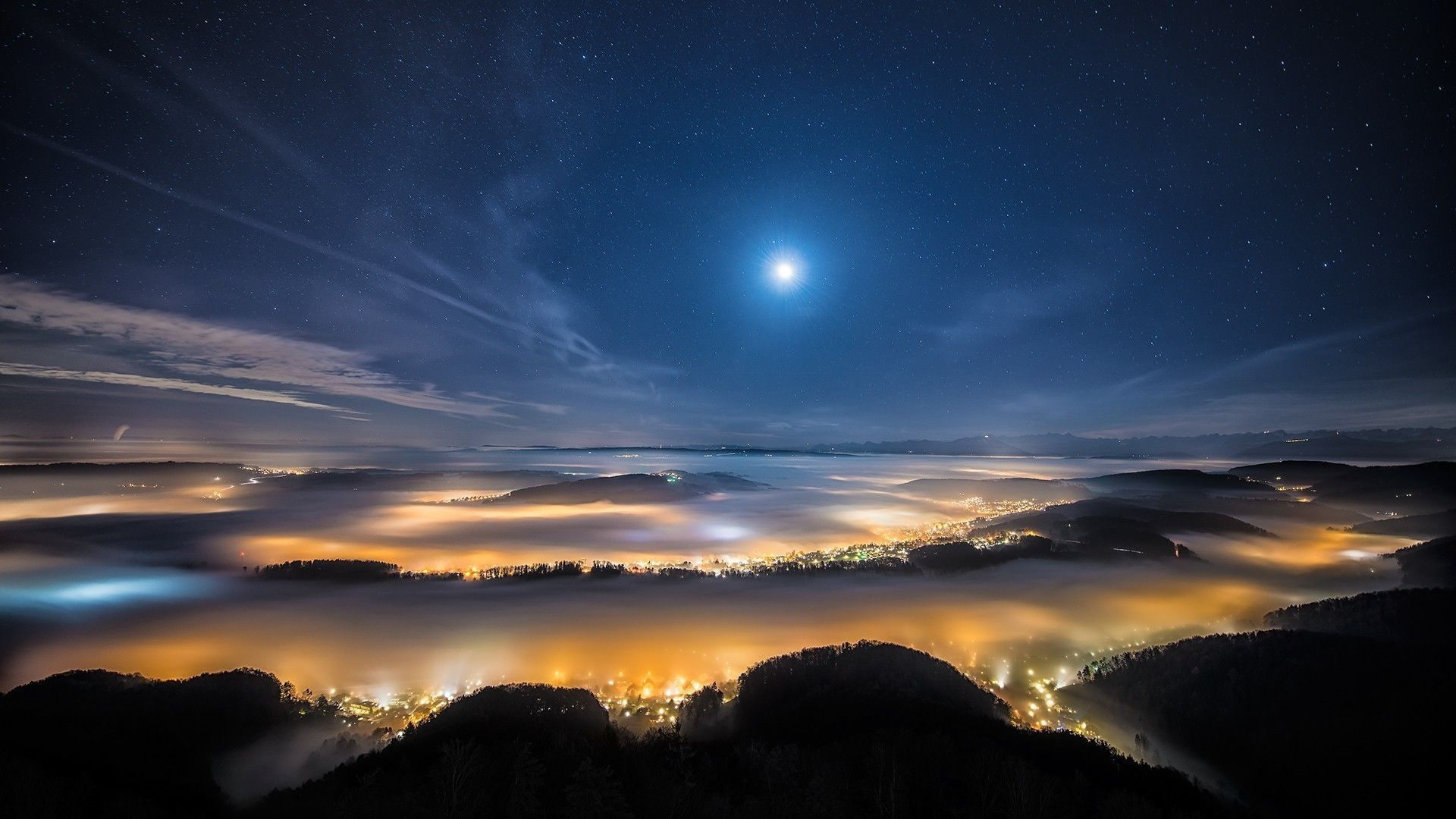 night, moon, 1920x1080, Mountain, 1080P, city, star, valley, sky, world, HD Wallpaper