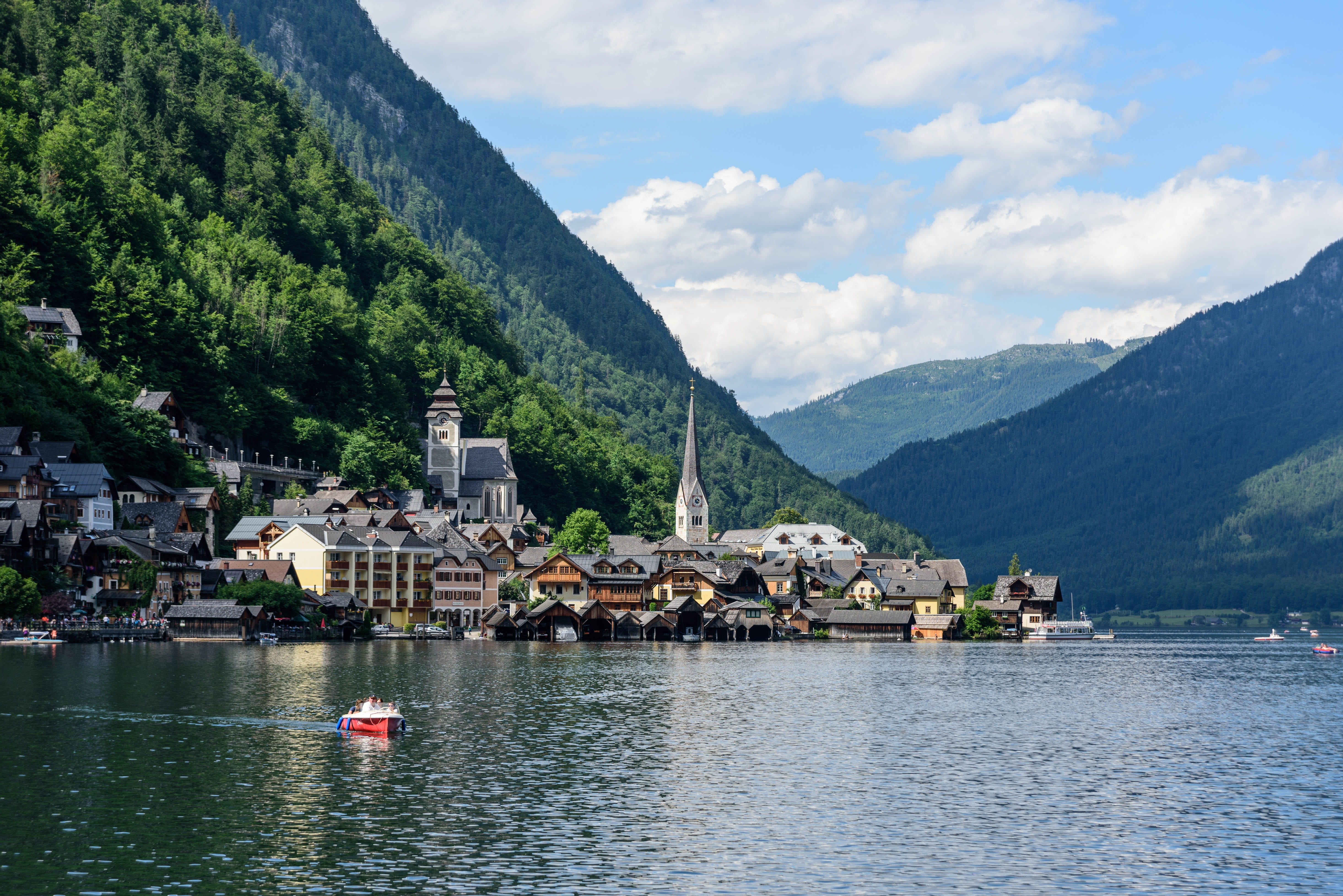 Hallstadt, salt, water, church, 5K, building exterior, no people, nature, Bergsee, mountain range, beauty in nature, alpine, tree, nautical vessel, mountains, HD Wallpaper
