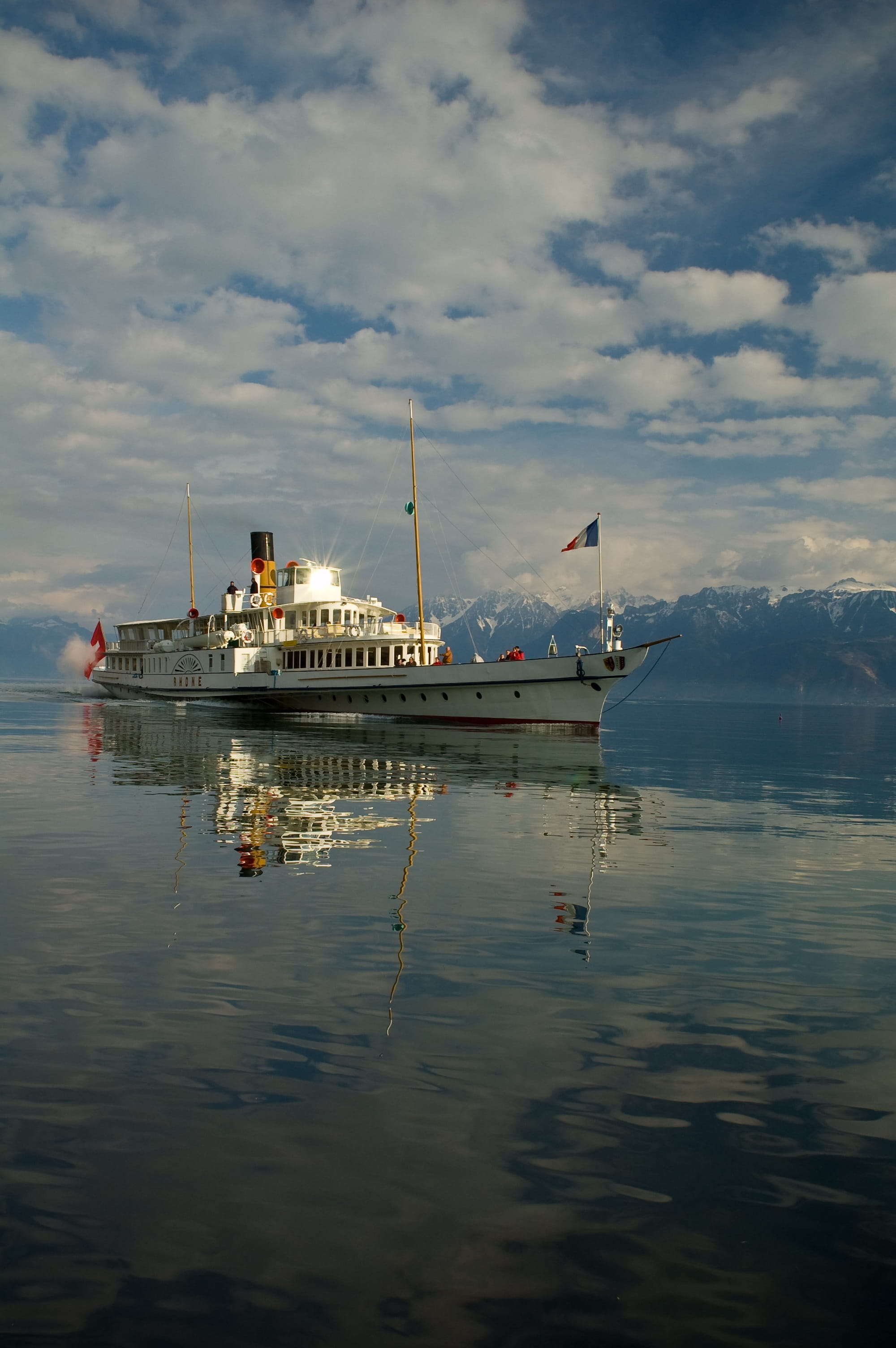 ship, transportation, sky, tranquility, moored, nautical vessel, clouds, outdoors, vaud, sailboat, reflection, nature, 2K, lake, cloud - sky, waterfront, Phone HD Wallpaper