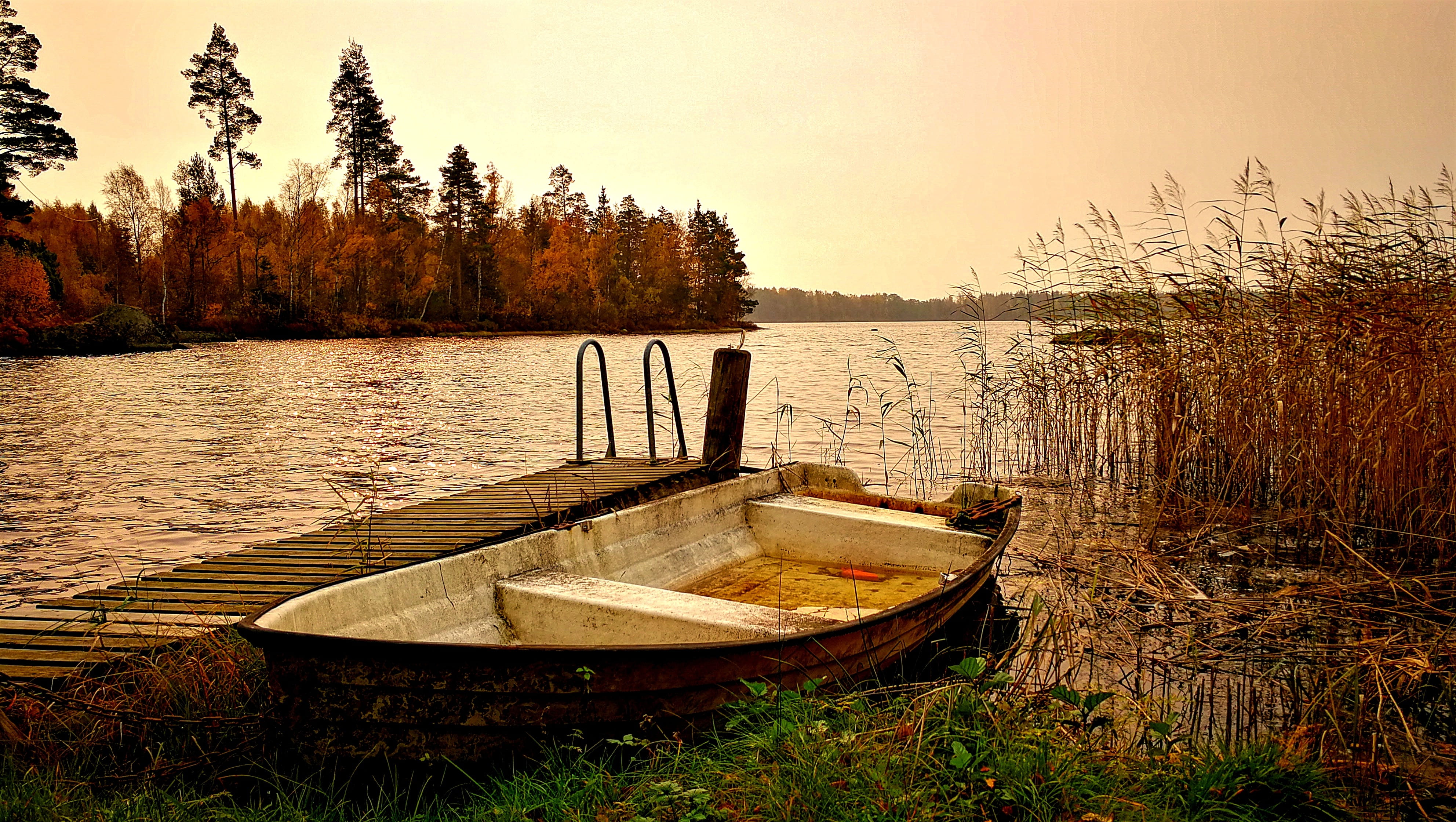 non-urban scene, scenics - nature, meditation, sweden, autumn, clarity, hdr, transportation, brine, land, abandoned, mood, tranquility, forest, dusk, moored, HD Wallpaper
