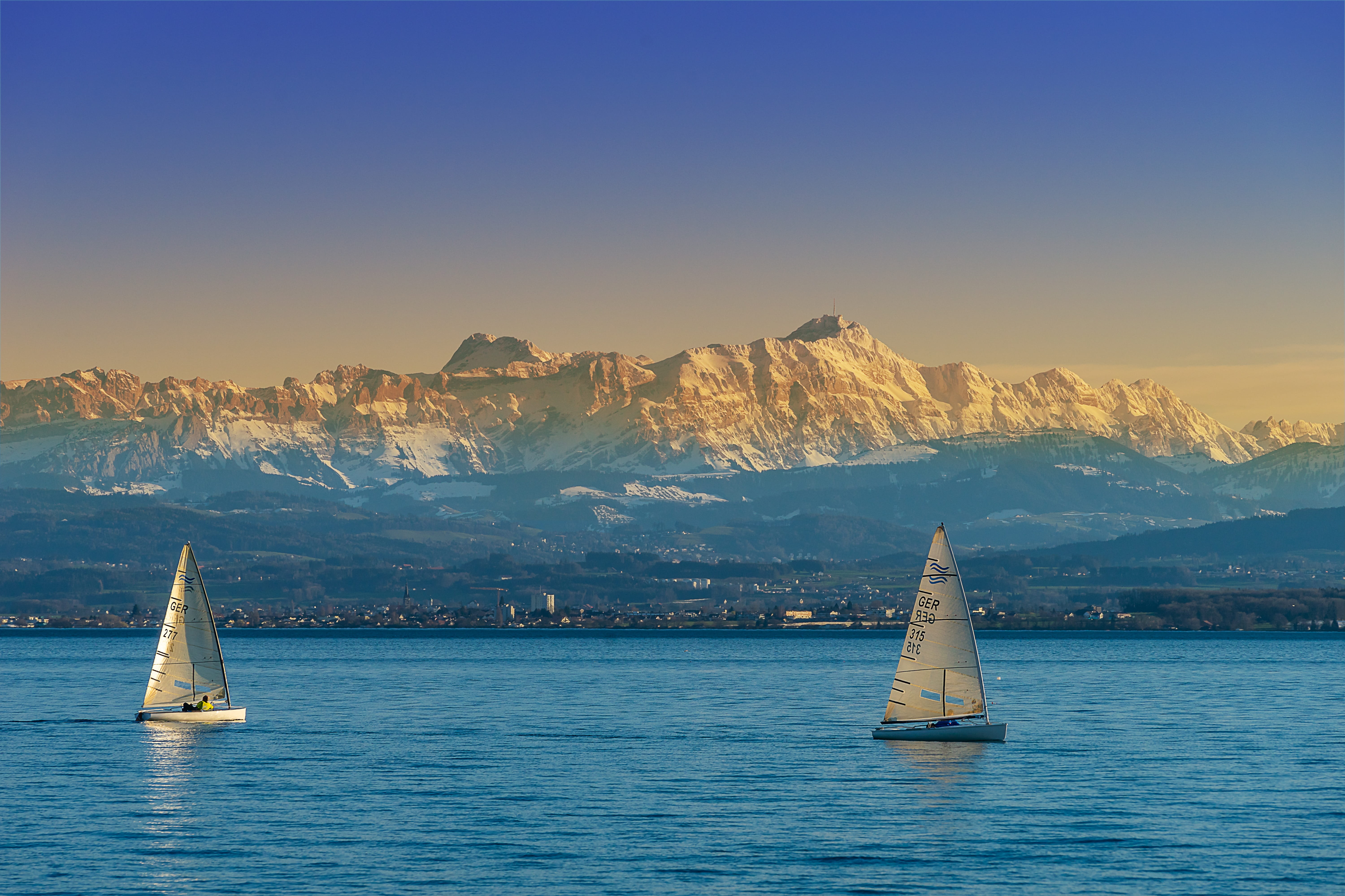 mountain range, mode of transportation, view, sailing, snowcapped mountain, sport, horizon, spring, travel, sailboat, nature, lake constance, sail, sky, HD Wallpaper