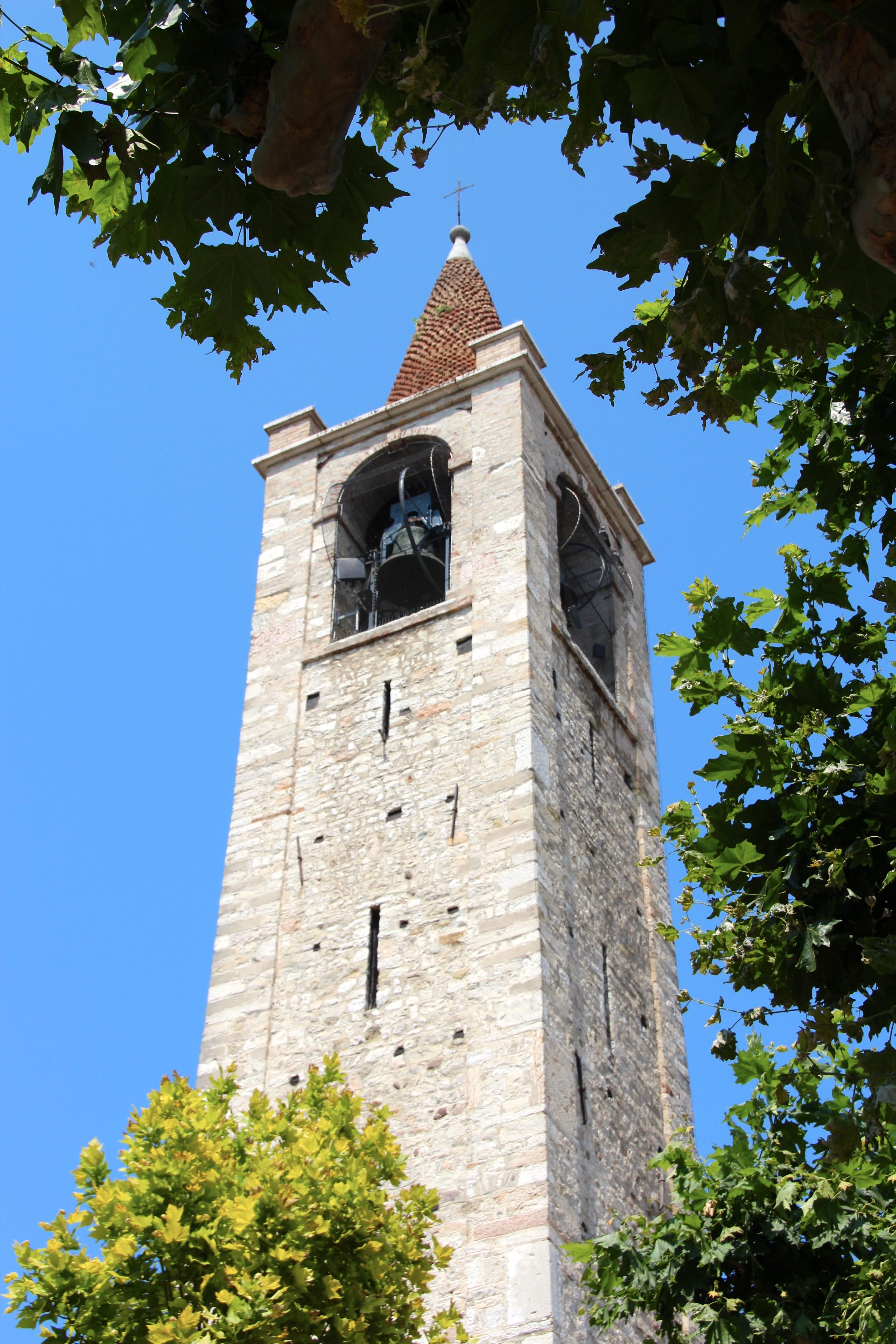 low angle view, architecture, tree, history, clock tower, sky, spirituality, belief, building, outdoors, Bells, Bardolino, place of worship, day, built structure, Phone HD Wallpaper