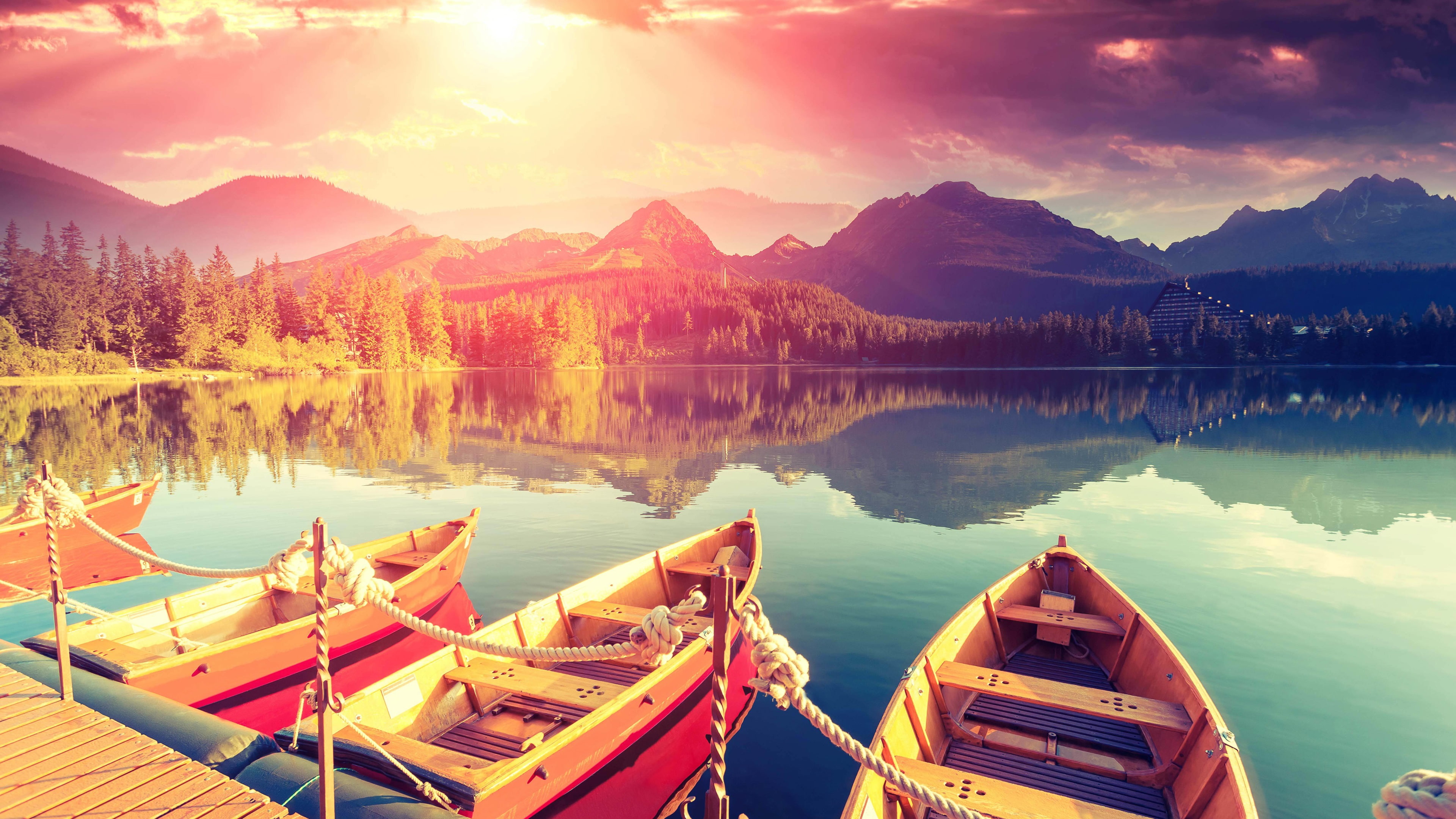 Sunset, Clouds, Trees, Water, Boats, Mountains, Reflection, 4K, Lake, Pier, HD Wallpaper