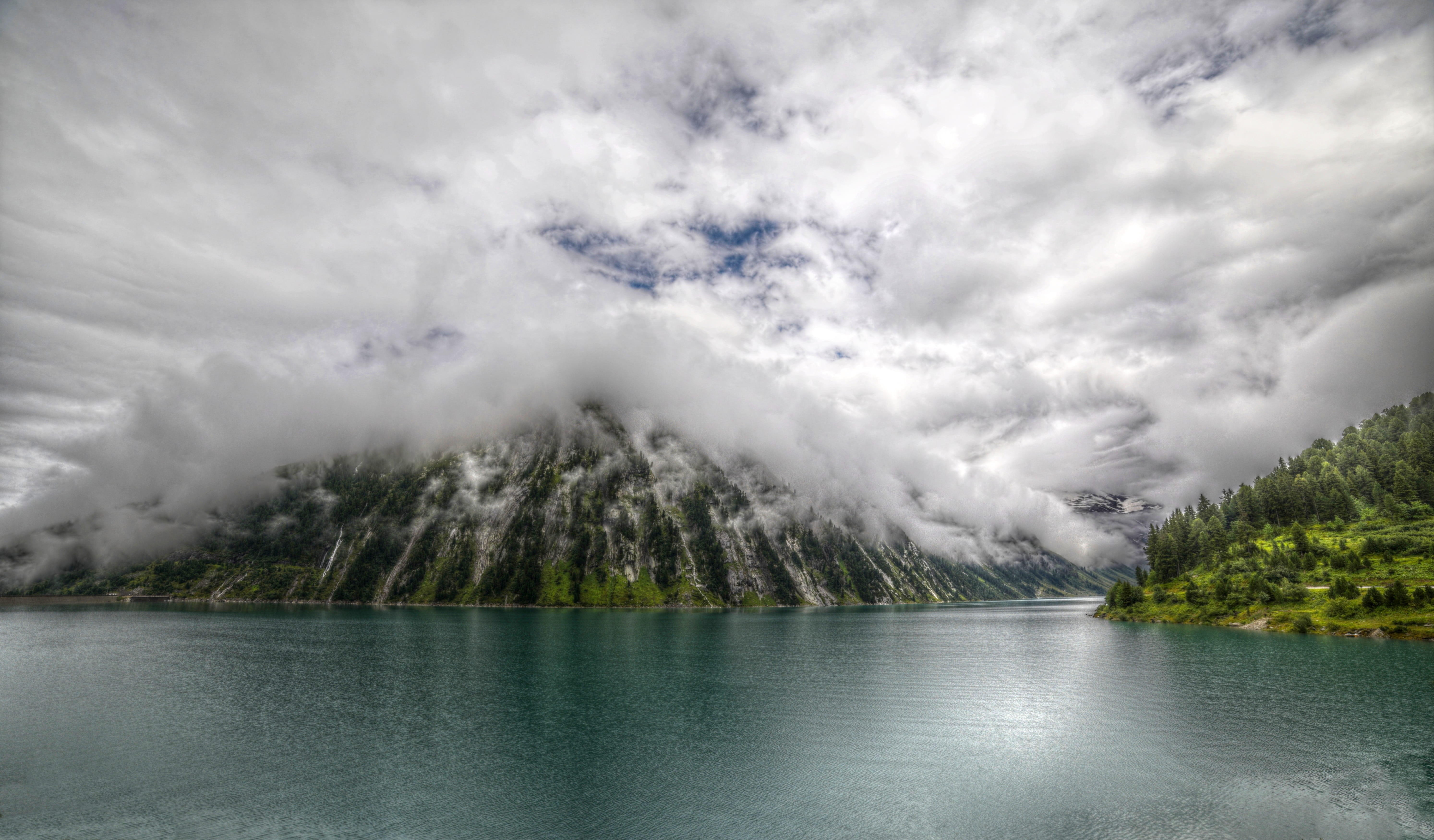 view, waterfront, water, covered, zillertal, daytime, water reservoir, reflection, water power, outdoors, coniferous tree, environment, white, tree, travel destinations, HD Wallpaper