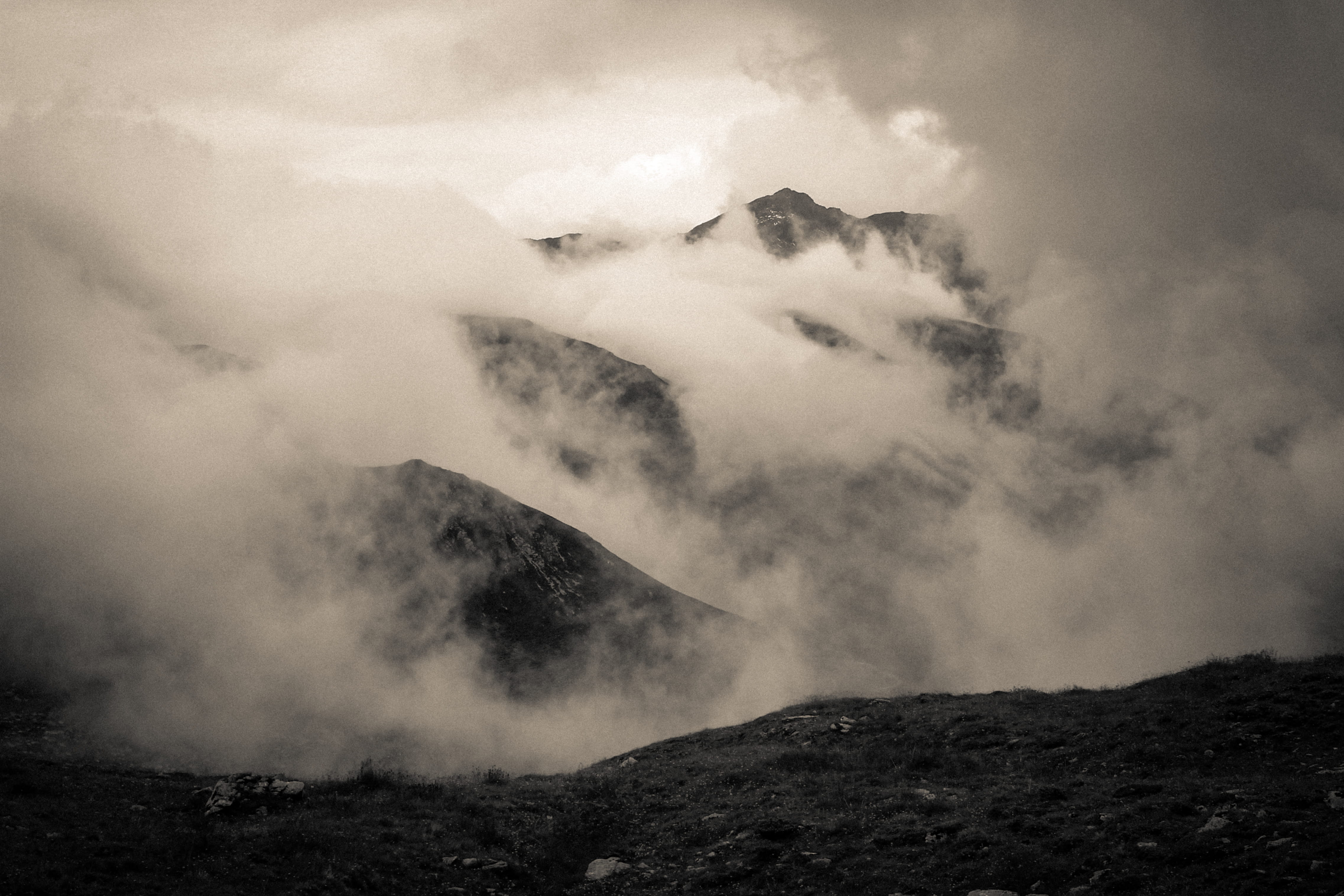 mountain, hiking, fog, no people, scenics - nature, austria, geology, zillertal alps, day, non-urban scene, distant, volcanic crater, mountains, landscape, HD Wallpaper