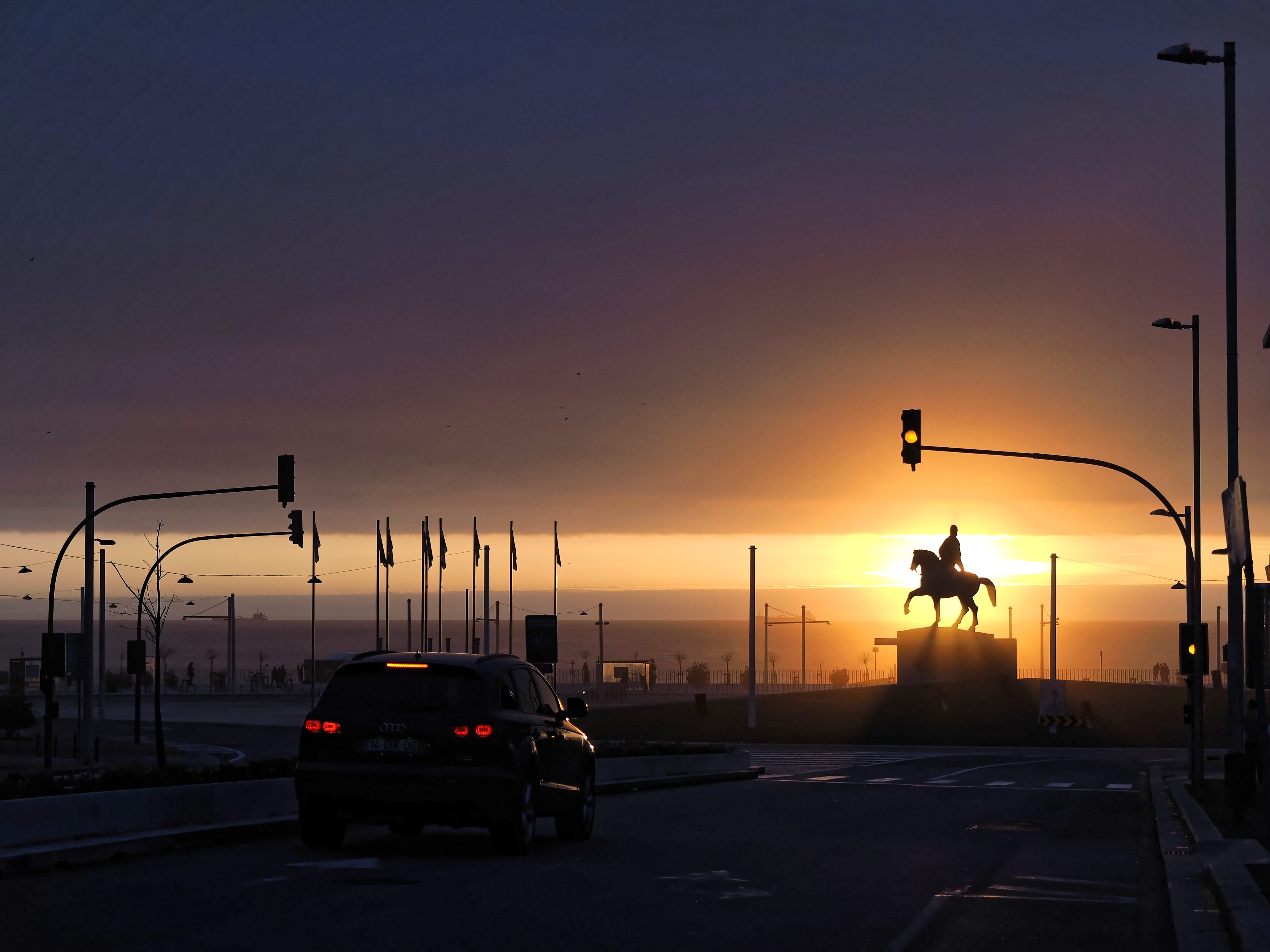 nature, castelodoqueijo, sky, 4K, silhouette, porto, outdoors, street light, street, sunset, transportation, stoplight, traffic, land vehicle, motor vehicle, HD Wallpaper