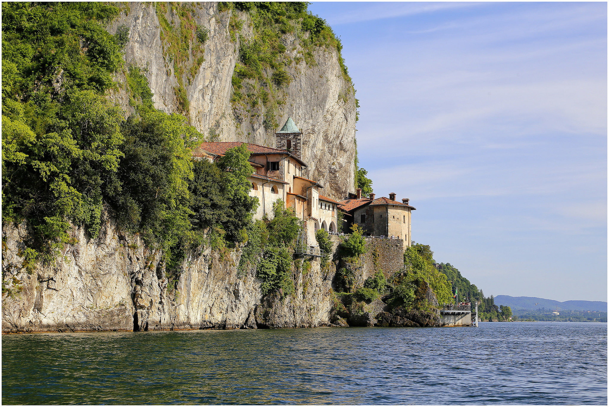 1080P, the monastery, mountains, Italy, Santa Caterina del Sasso, rock, trees, deserts, lake Maggiore, HD Wallpaper
