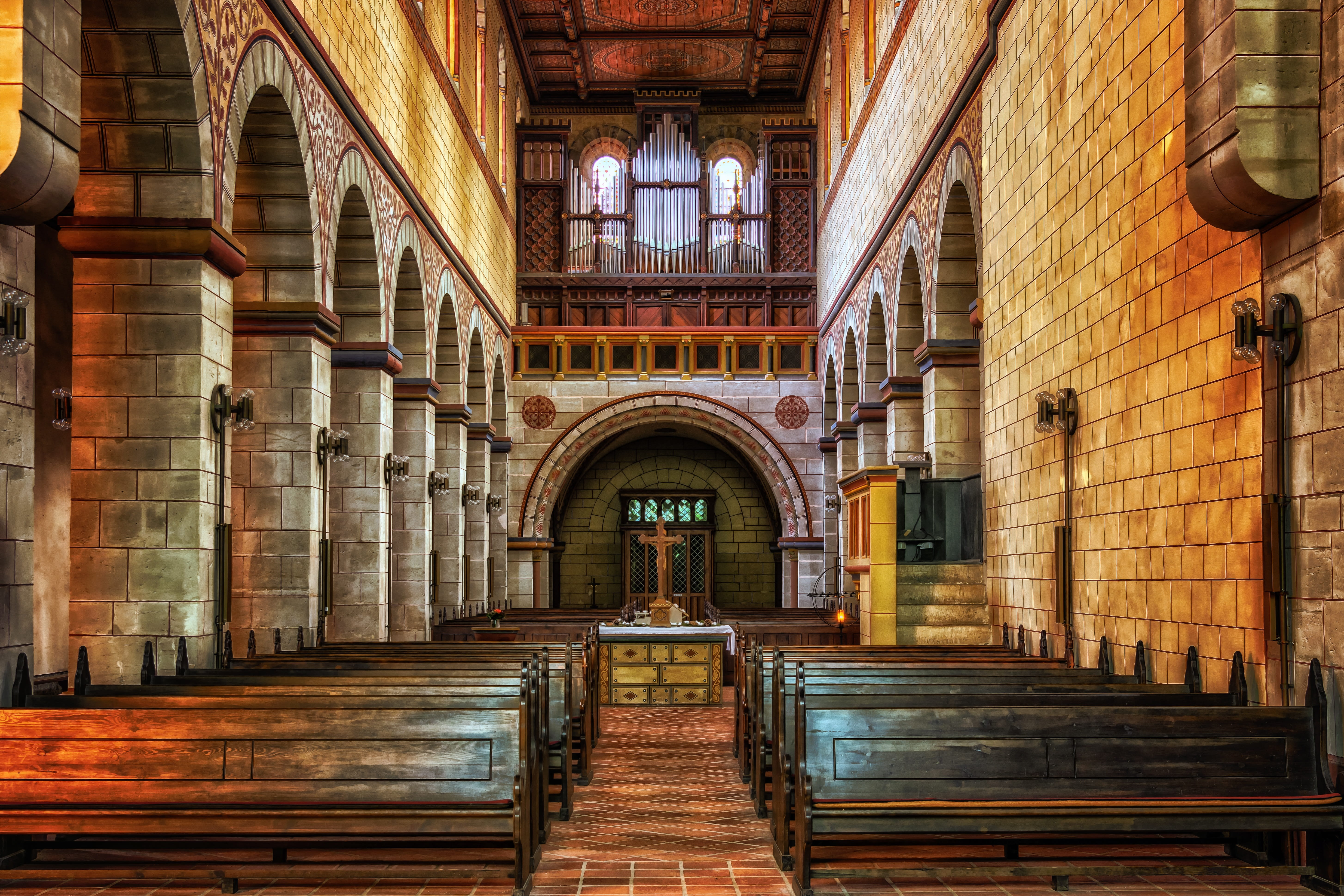 direction, wood - material, ceiling, absence, built structure, faith, religion, lighting equipment, organ, church music, architecture, chapel, benches, HD Wallpaper