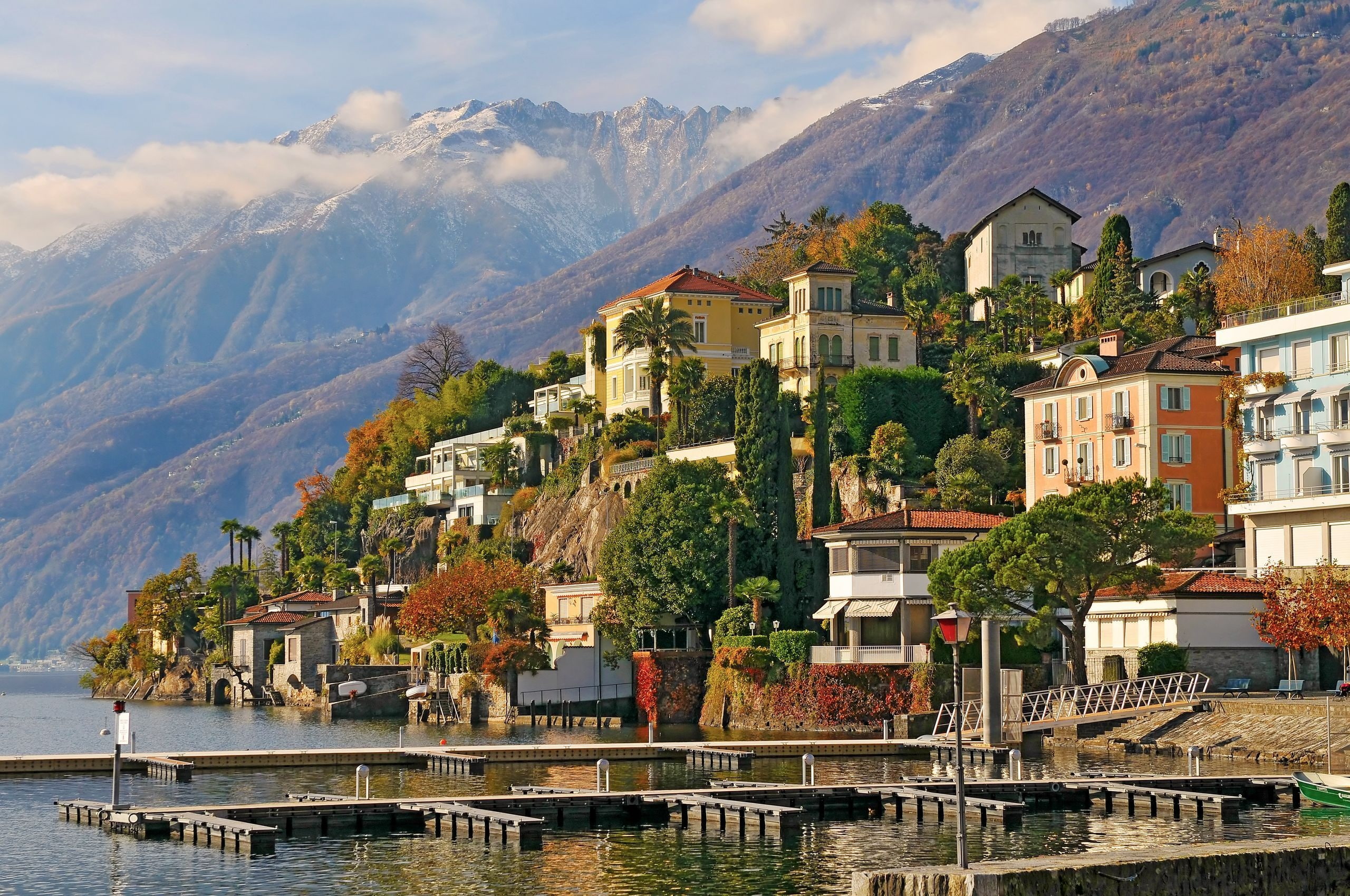 mountains, switzerland, 2K, trees, buildings, ascona, house, lakes, HD Wallpaper