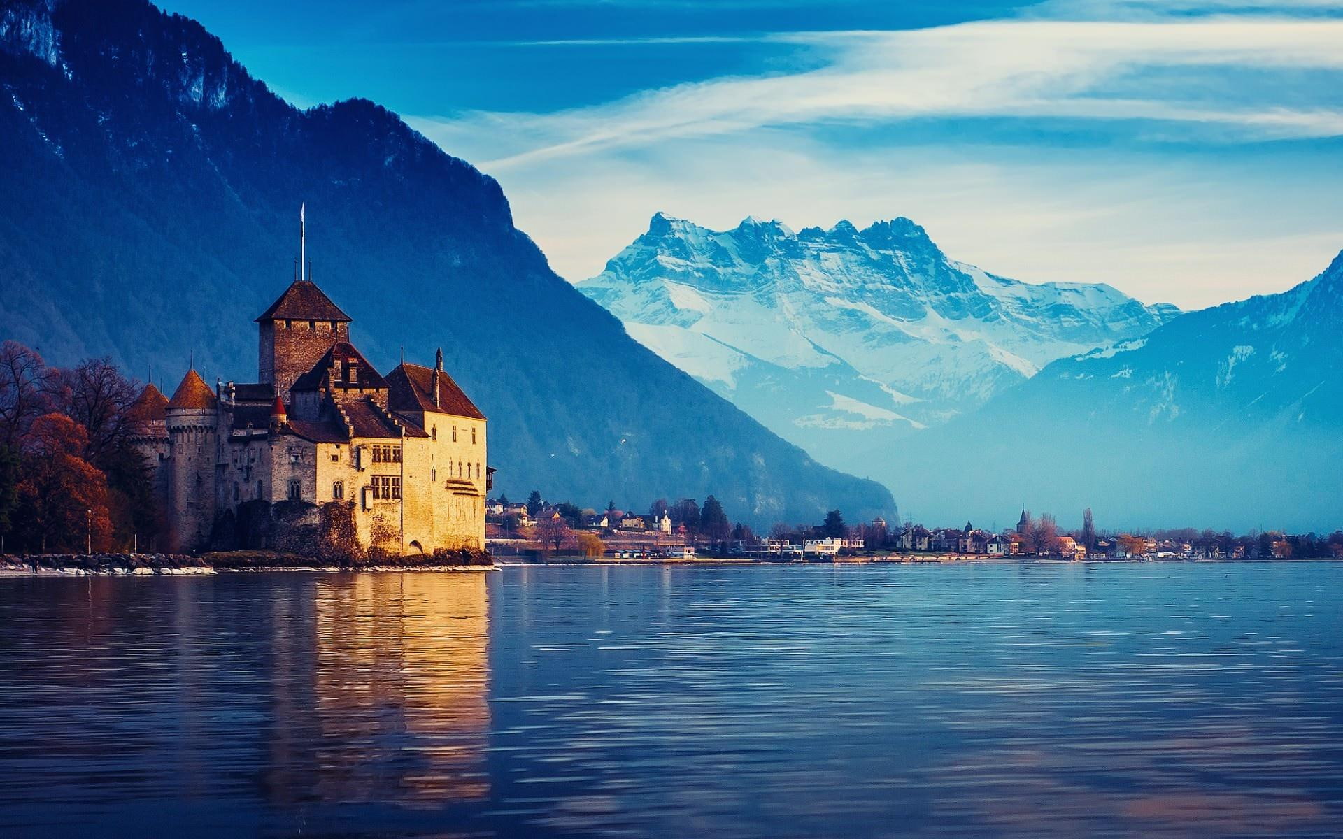 nature, gray, lakes, 1080P, water, trees, architecture, alps, beautiful, lake, castle, lake geneva, concrete, geneva, building, mountains, HD Wallpaper