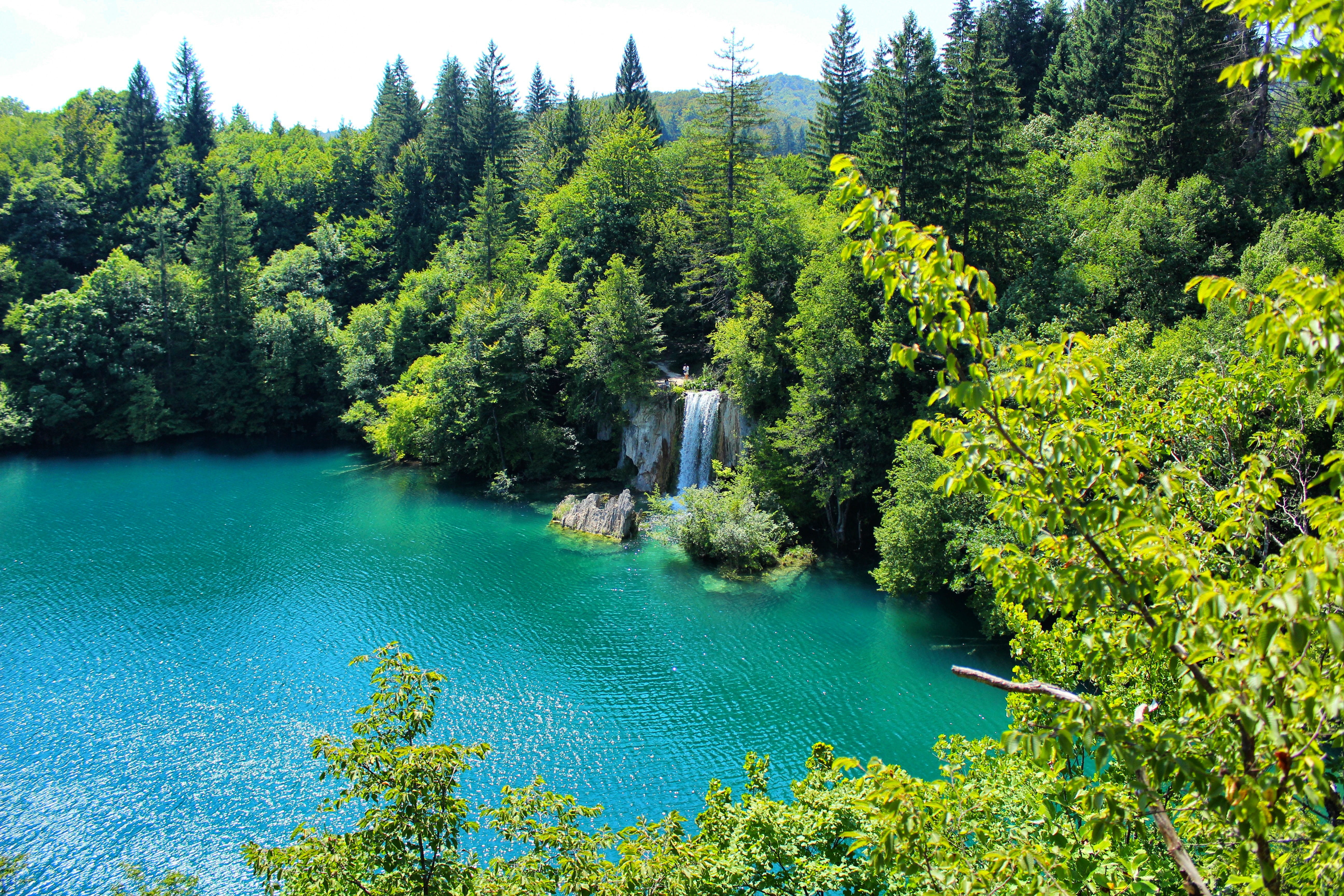waterfall, lake, scenic, croatia, travel, green color, growth, sky, natural, summer, plant, day, reflection, idyllic, tranquility, flowing water, high angle view, HD Wallpaper