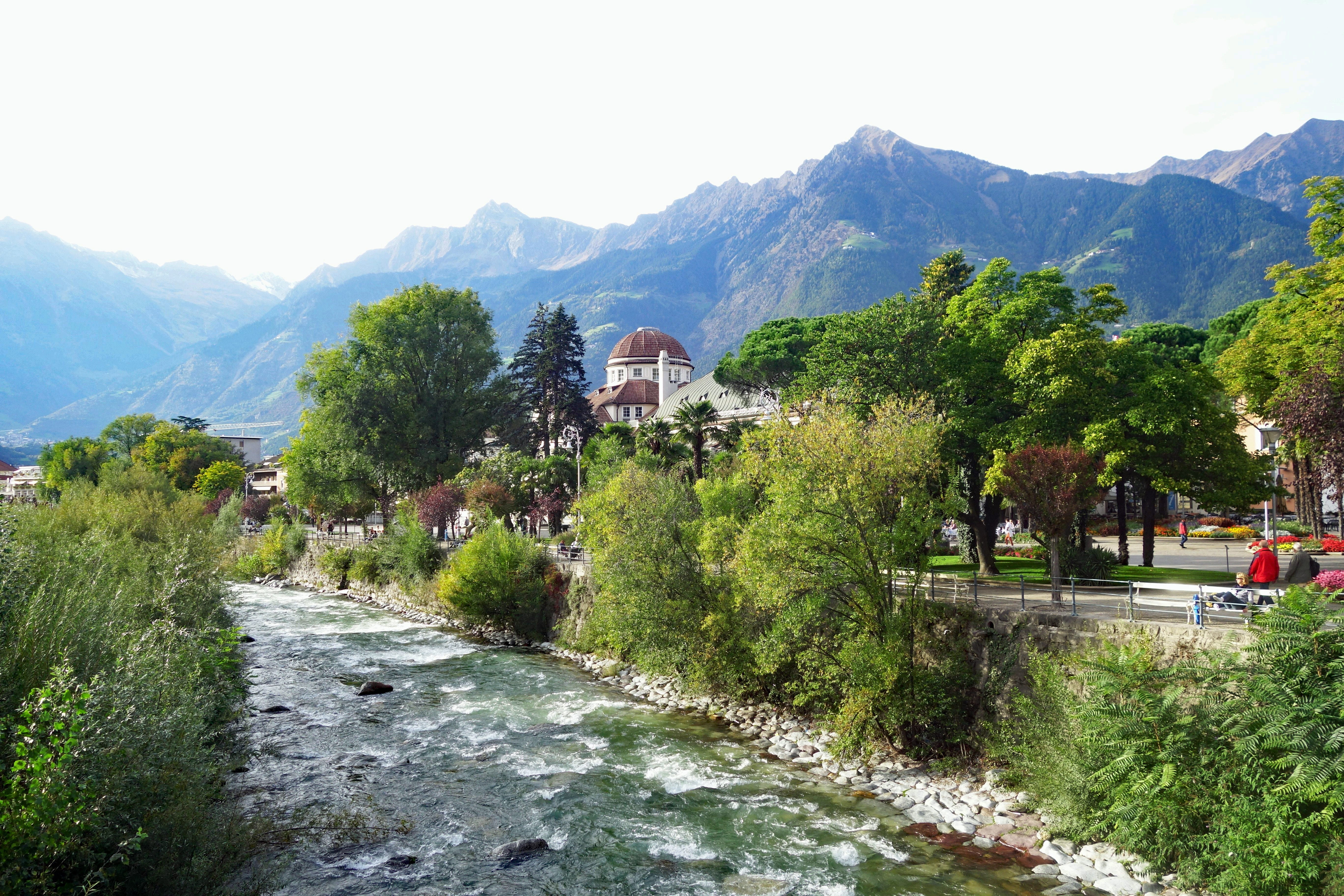 sky, day, growth, tree, south tyrol, water, mountain range, built structure, 5K, waters, building, beauty in nature, mountain, house, italy, green color, HD Wallpaper