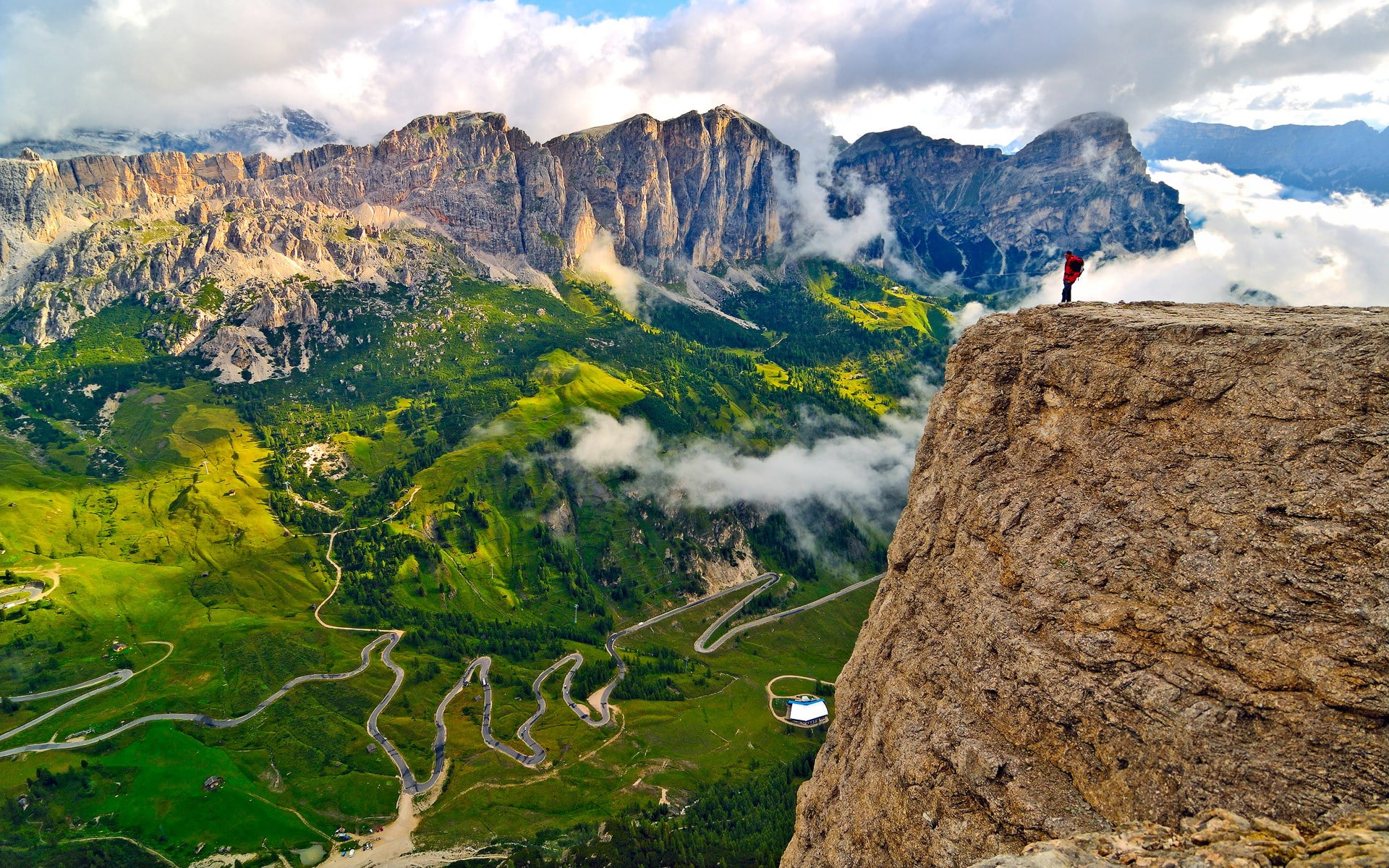 clouds, mountains, 1080P, cliff, panorama, road, valley, nature, landscape, South Tyrol, Italy, green, HD Wallpaper