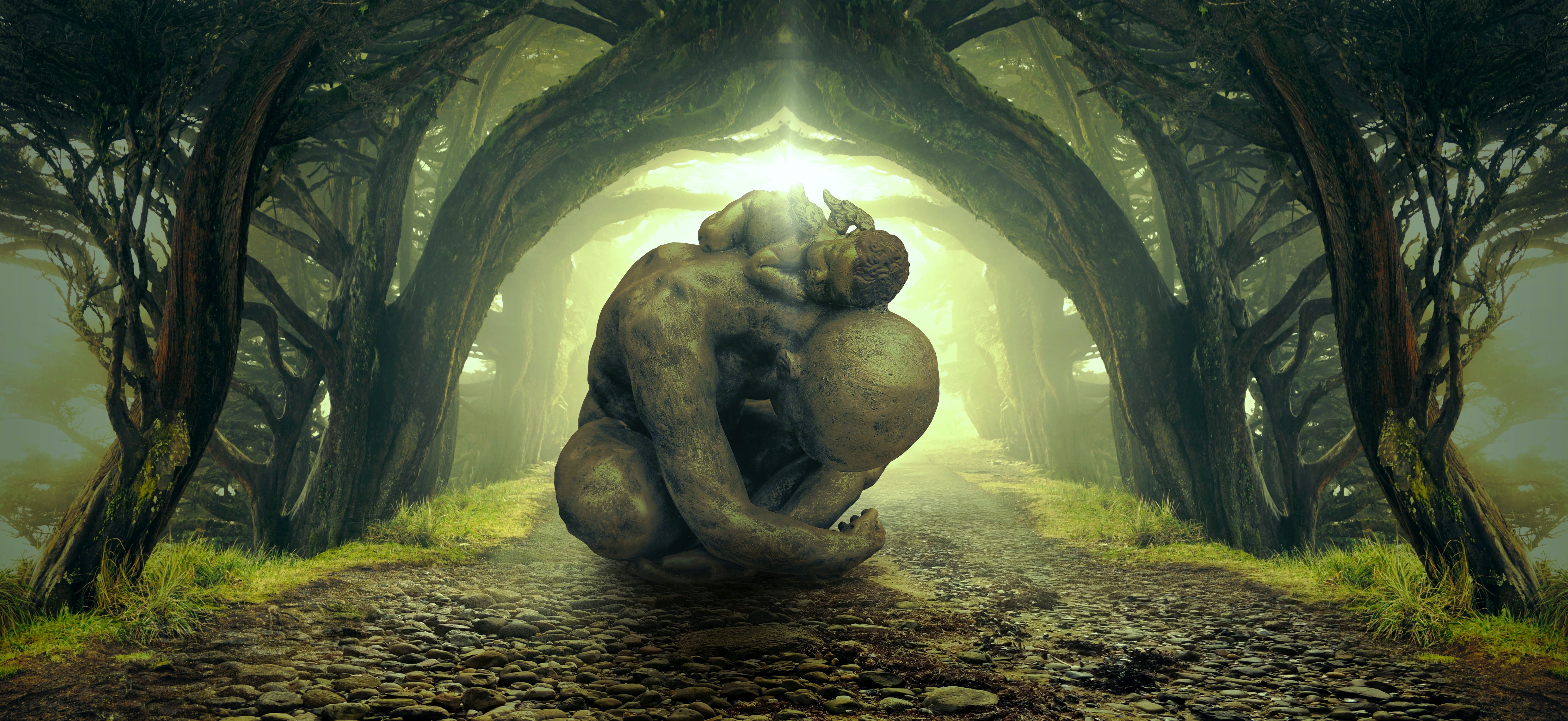 land, figure, mood, back, magic, sculpture, landscape, day, outdoors, fantastic, park, beautiful, recovered, fantasy, spooky, statue, sit, fairytale, atmosphere, HD Wallpaper