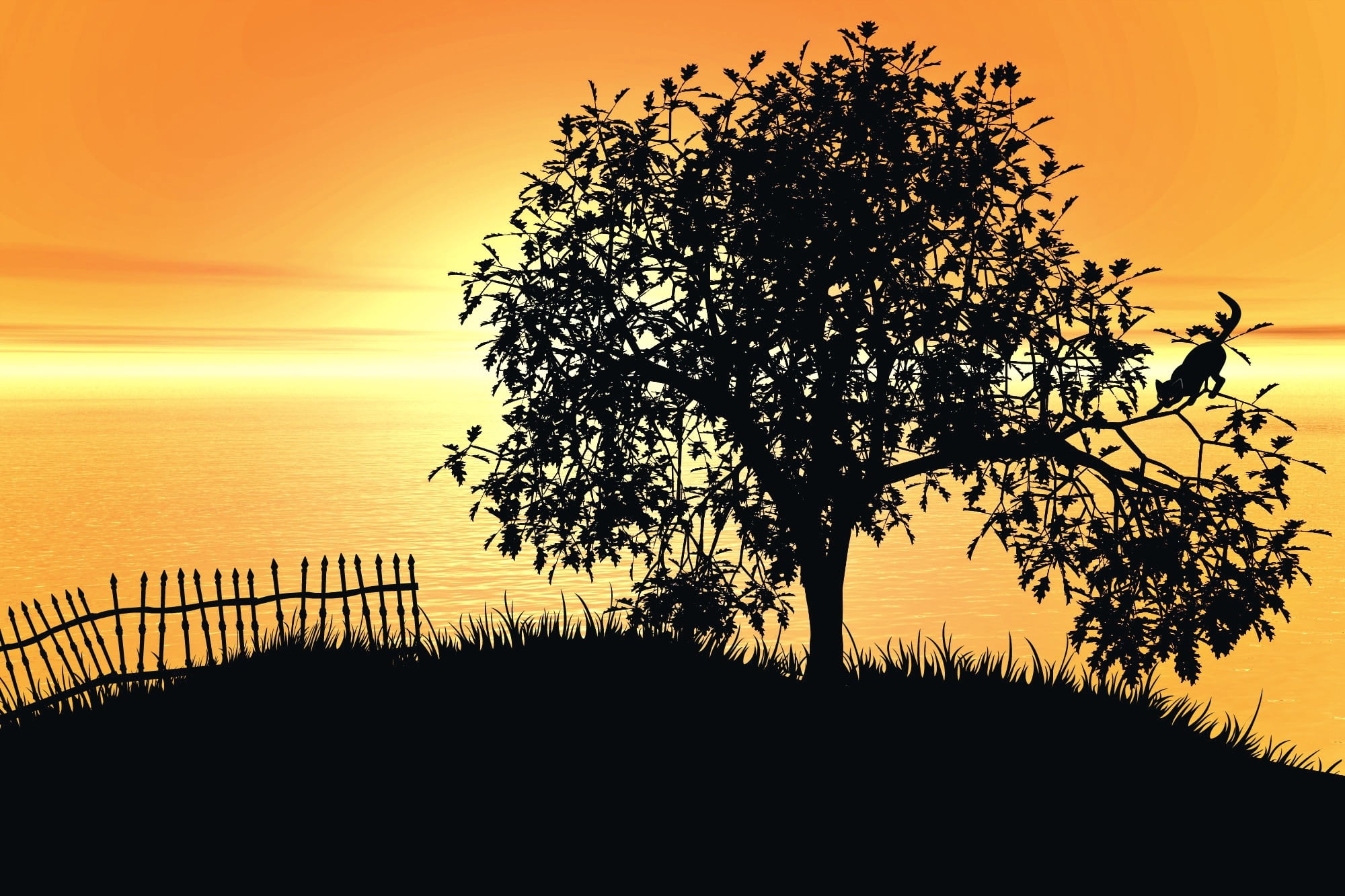 atmosphere, idyllic, growth, meadow, landscape, plant, cat, tree, grasses, clear sky, fantasy, metal fence, orange color, back light, sky, non-urban scene, HD Wallpaper