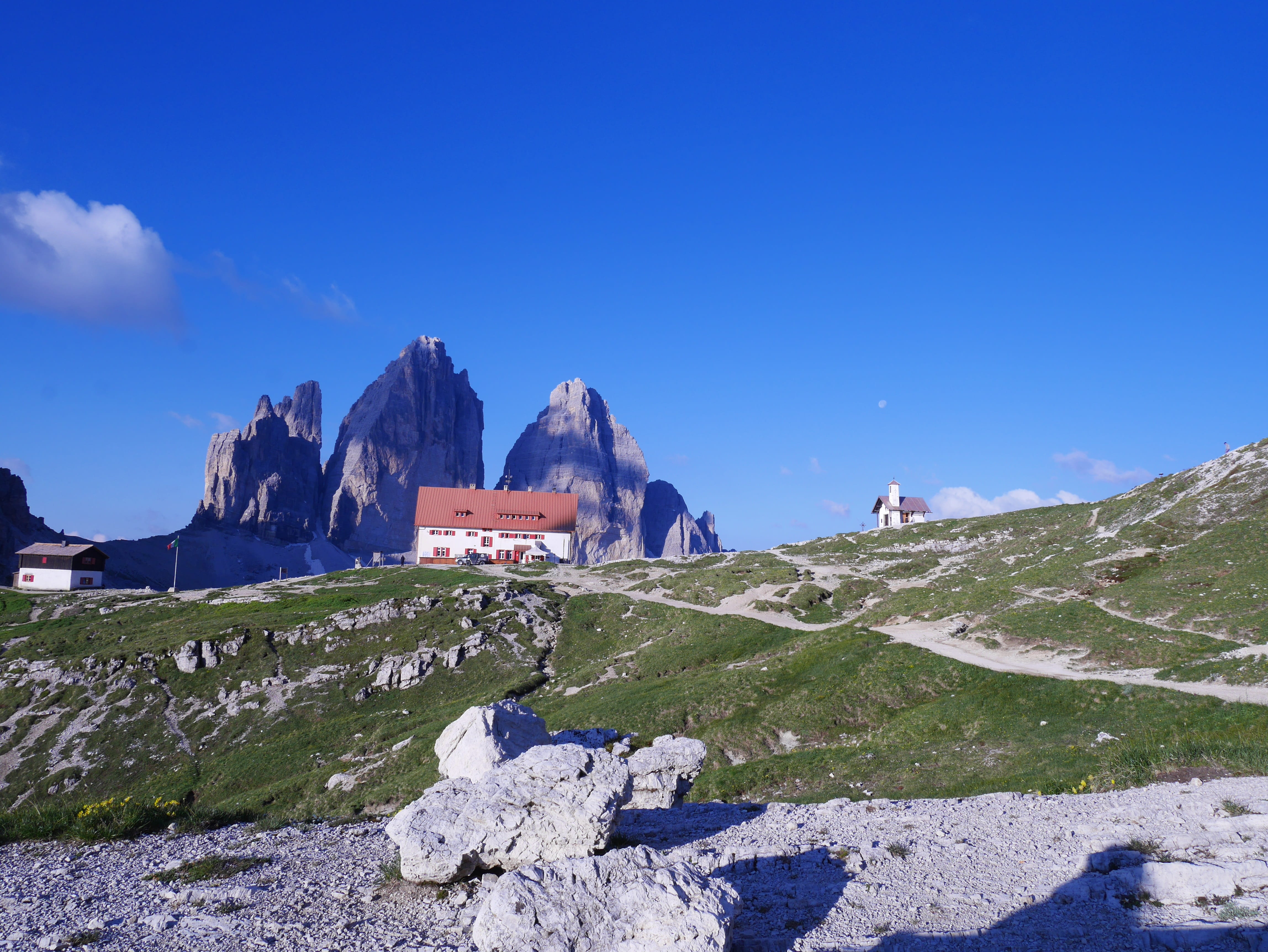 mountain range, mountains, tranquil scene, 4K, blue, battlements, travel destinations, scenics - nature, majestic, solid, rock - object, hut, environment, HD Wallpaper